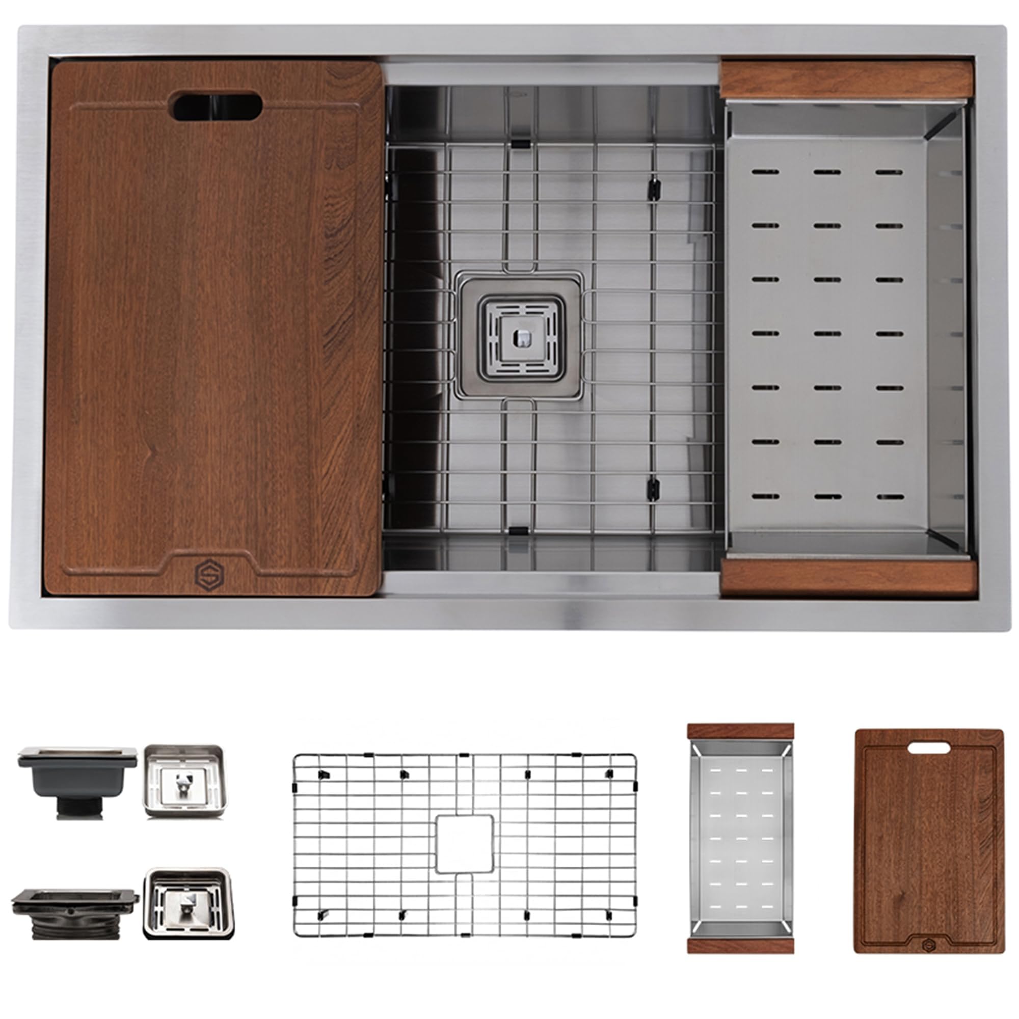 Strictly Sinks Undermount Workstation Kitchen Sink – Silver 32 Inch 16 Gauge Single Bowl Kitchen Sink with Grid, Wooden Cutting Board, Colander, 1 Square Strainer Drain &amp; 1 Garbage Disposal Adapter