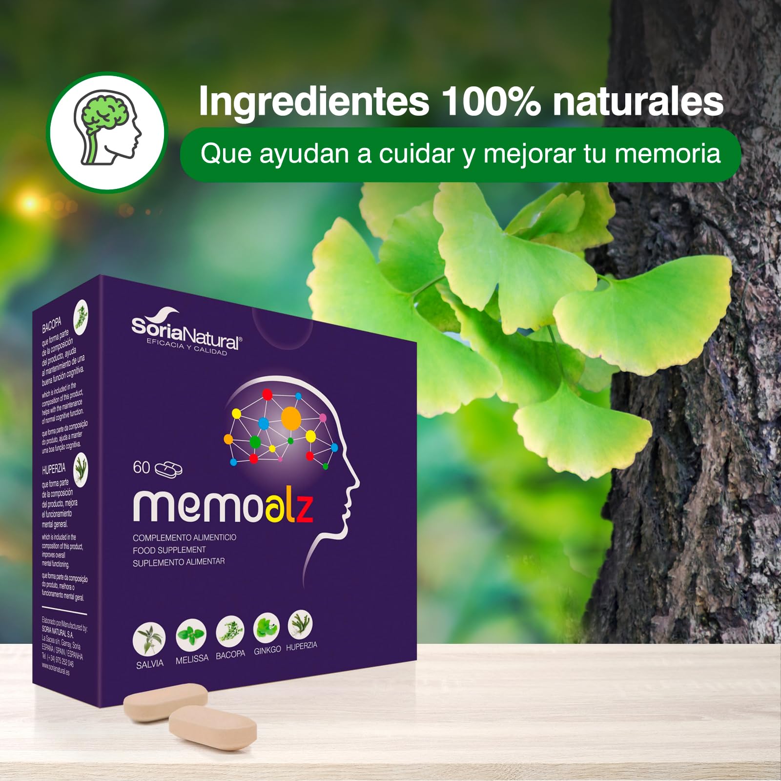 Soria Natural - MEMOALZ - Complemento alimenticio - Mejora la memoria y favorece la concentración - 60 comprimidos - Extracto de Salvia