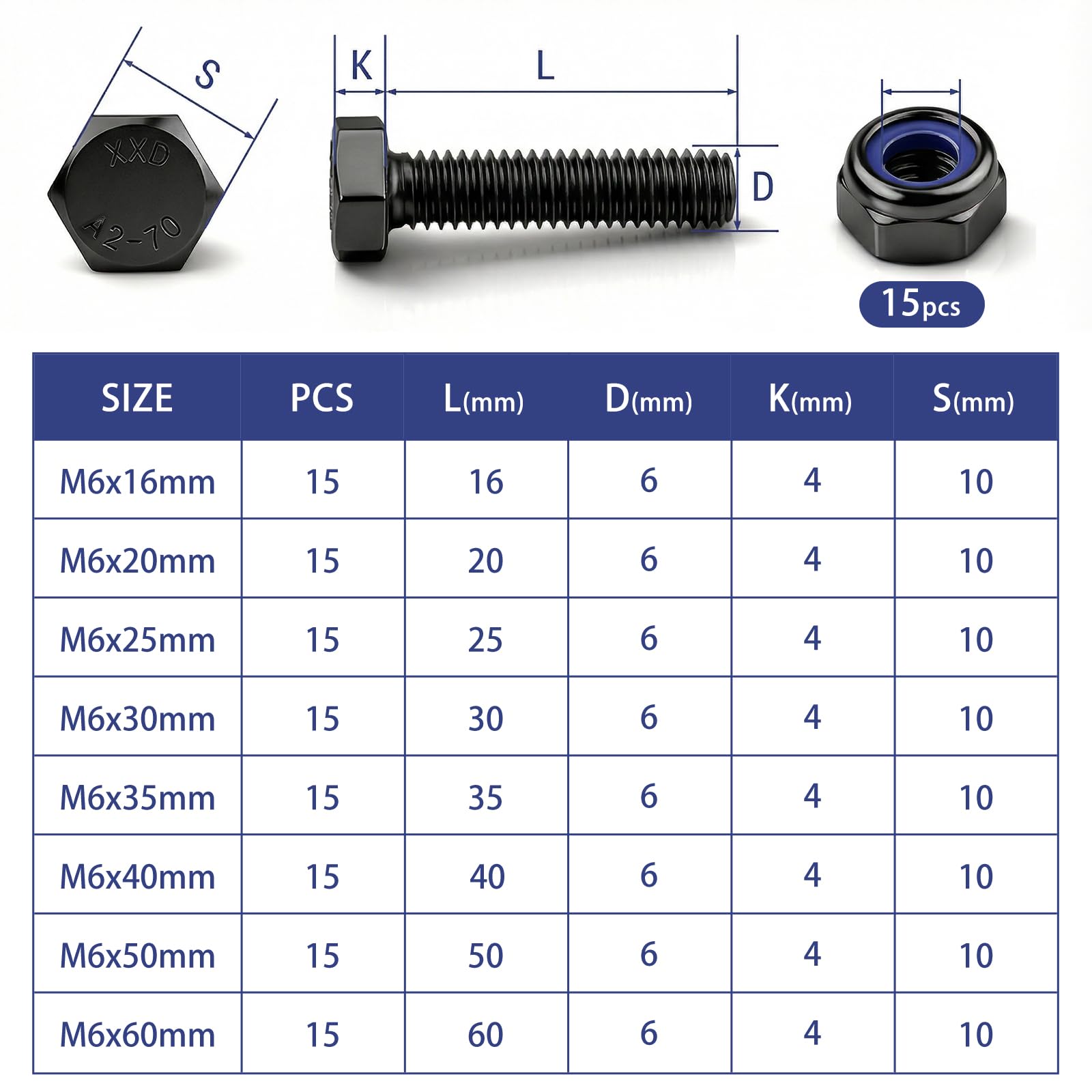 M6x16mm Bulloni 15 Pezzi Viti M6 Nere Viti Acciaio Inossidabile 304 DIN 933 Esagono Esterno con Dadi Autobloccanti per Macchine Condotti di Ventilazione Mobili