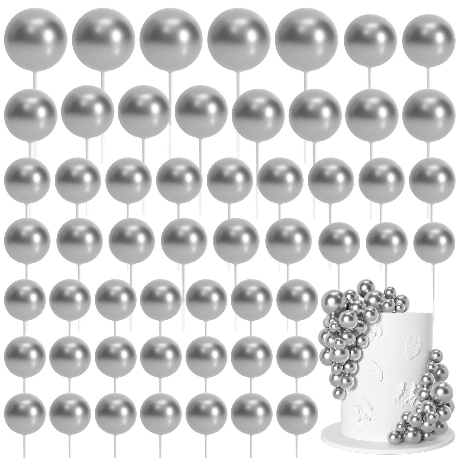 Bouiexye 75 Pieces Silver Cake Balls Topper Decorations Foam Cupcake Topper Mini Balloon Cake Topper Picks for Cake Deco Birthday Party Wedding