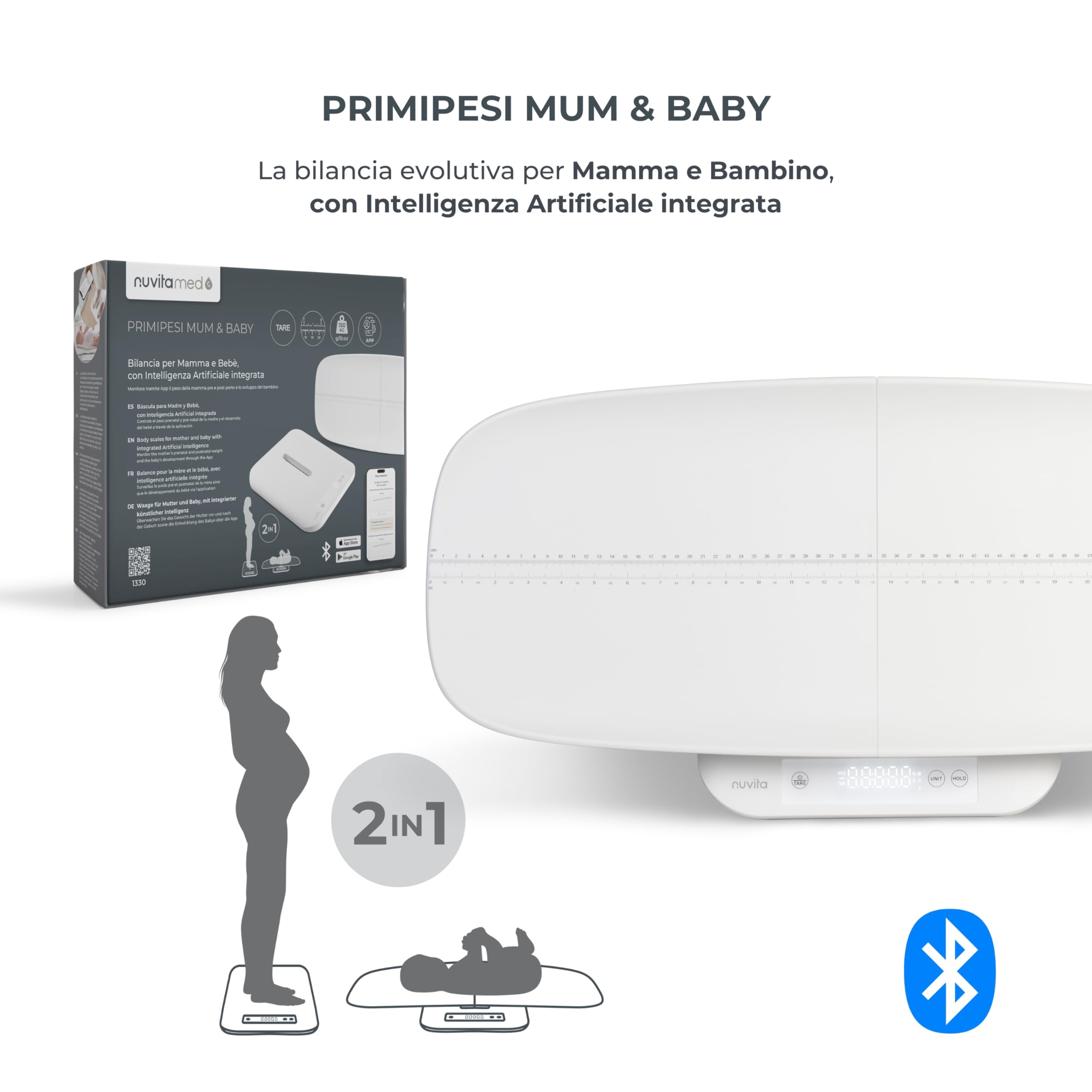 Nuvita 1330 PrimiPesi Bilancia Bluetooth Smart Mamma & Bambino - Controllo della Crescita e del Peso con AI per Madre e Figlio, Design Moderno e Portatile, compatibile con App Nuvita Baby