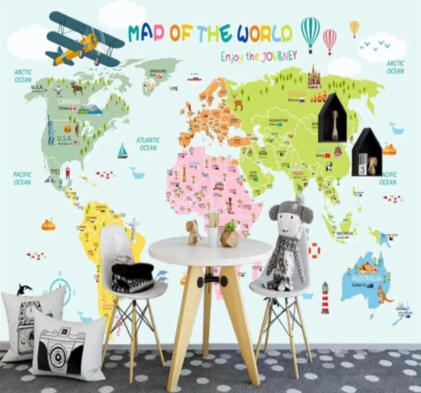XLMING Cartoon Light Green Watercolour World Map Aeroplane 3D Wallpaper Luxury Silk Study Dining Feature Sofa Grey Bedroom Living Room Tv Decorative Wall-400cm×280cm