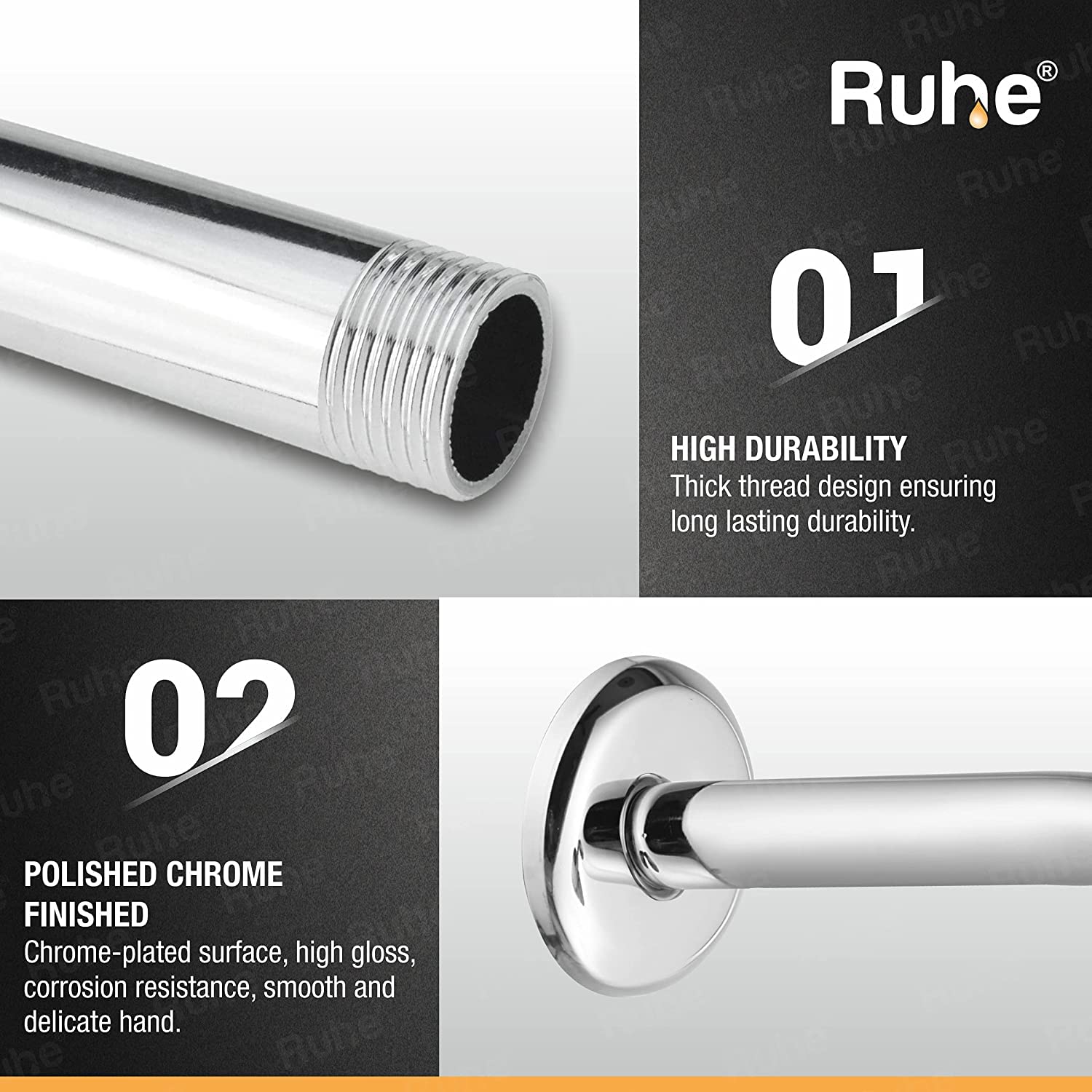 Ruhe 9 Inch Stainless Steel Shower Arm - Chrome Finish -3 Ruhe 9 Inch Stainless Steel Shower Arm - Chrome Finish -3