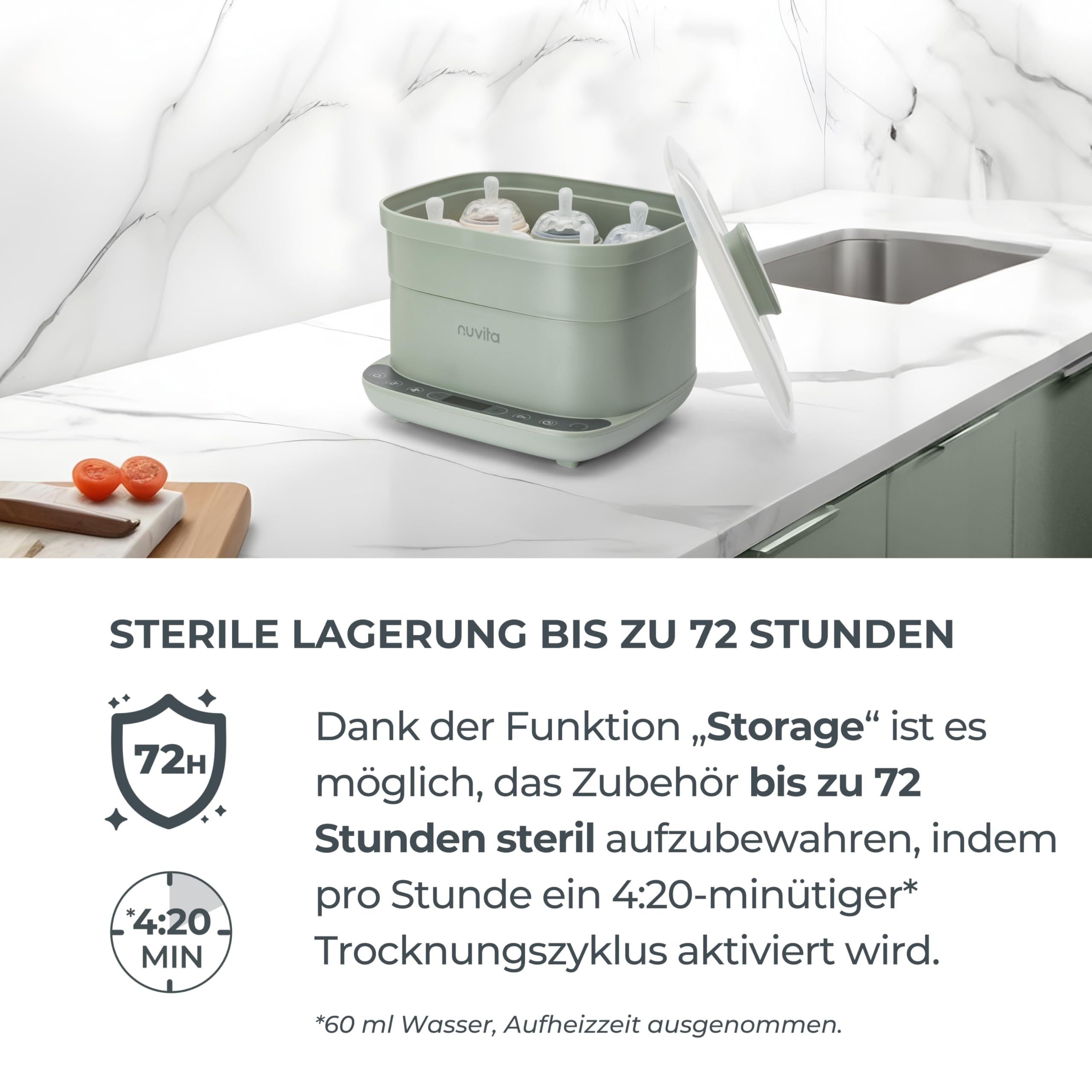 Nuvita 1088 SteriDry 2-in-1 Sterilisator und Trockner für Babyflaschen - 99,99% Dampfsterilisation, HEPA-Filter für gereinigtes Trocknen, 72 Stunden sterile Aufbewahrung, große Kapazität