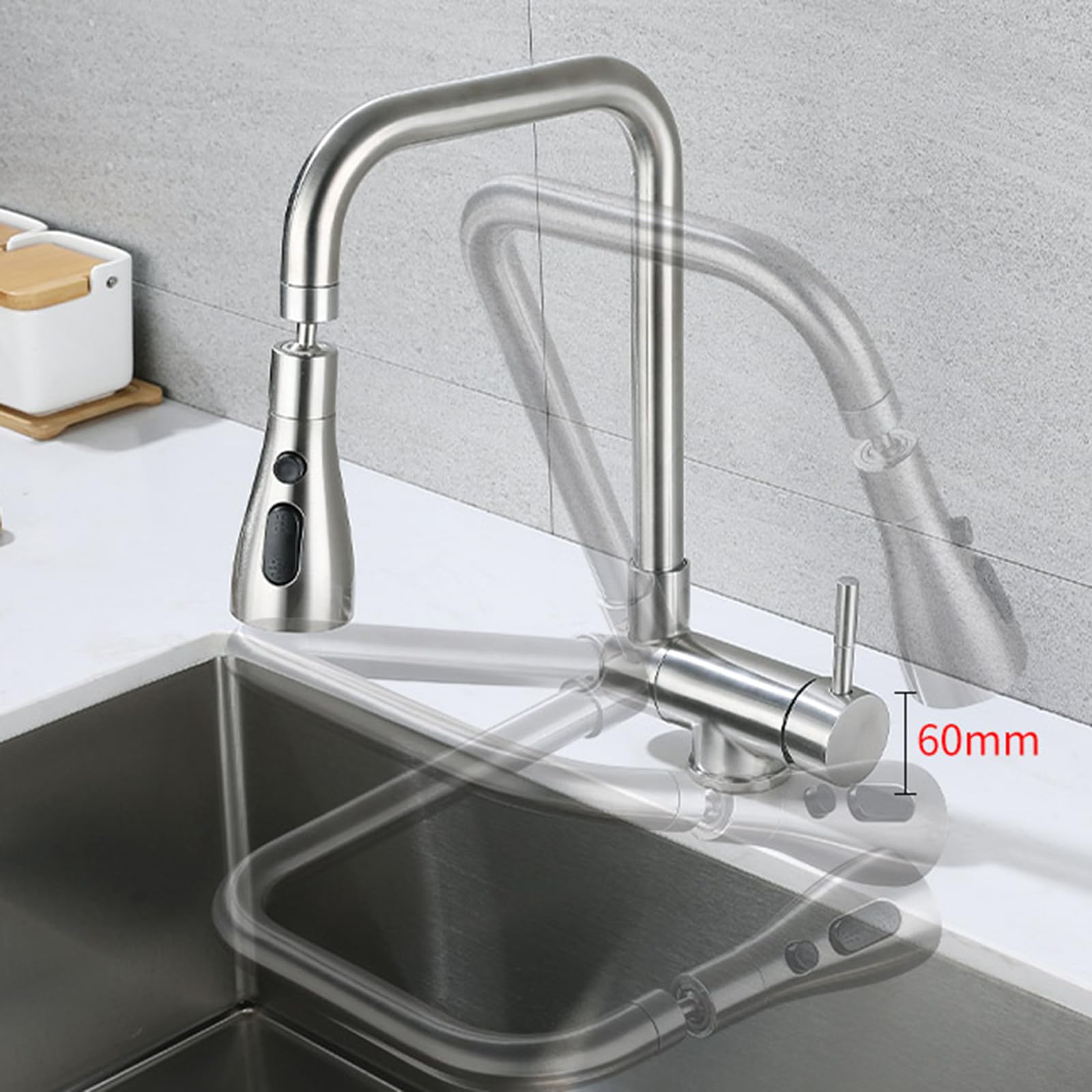 Grifo Cocina Abatible para Ventana Giratorio 3 Modo Grifo de Fregadero Abatible Acero Inoxidable Agua Fría y Caliente-Gris
