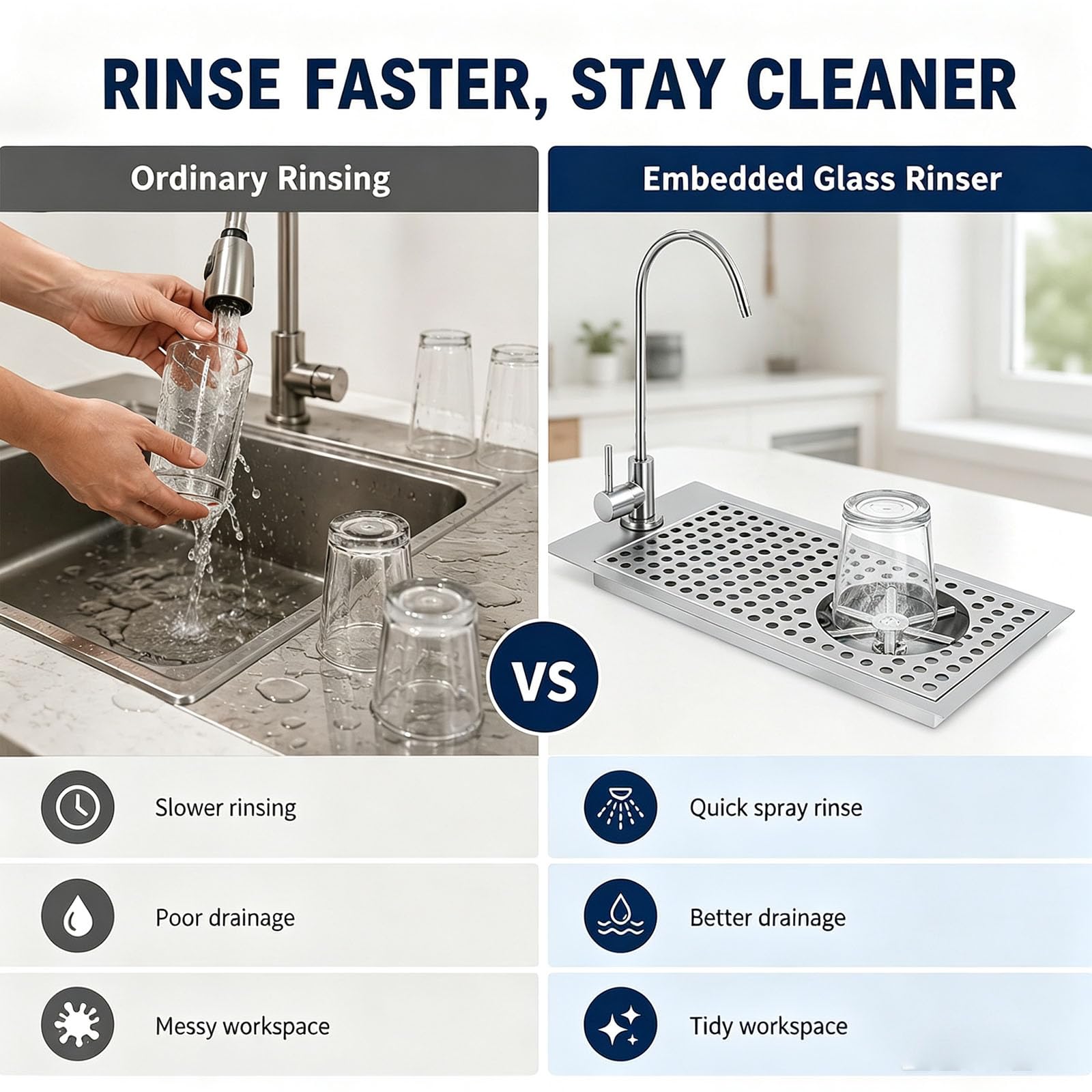 Rince-Verres Intégré avec Robinet, Lave-Tasses en Acier Inoxydable, Drainage Rapide, Ouverture De 37,5 X 17,5 Cm, Jet Multi-Angles, Idéal pour Restaurants, Cafés Et La Maison