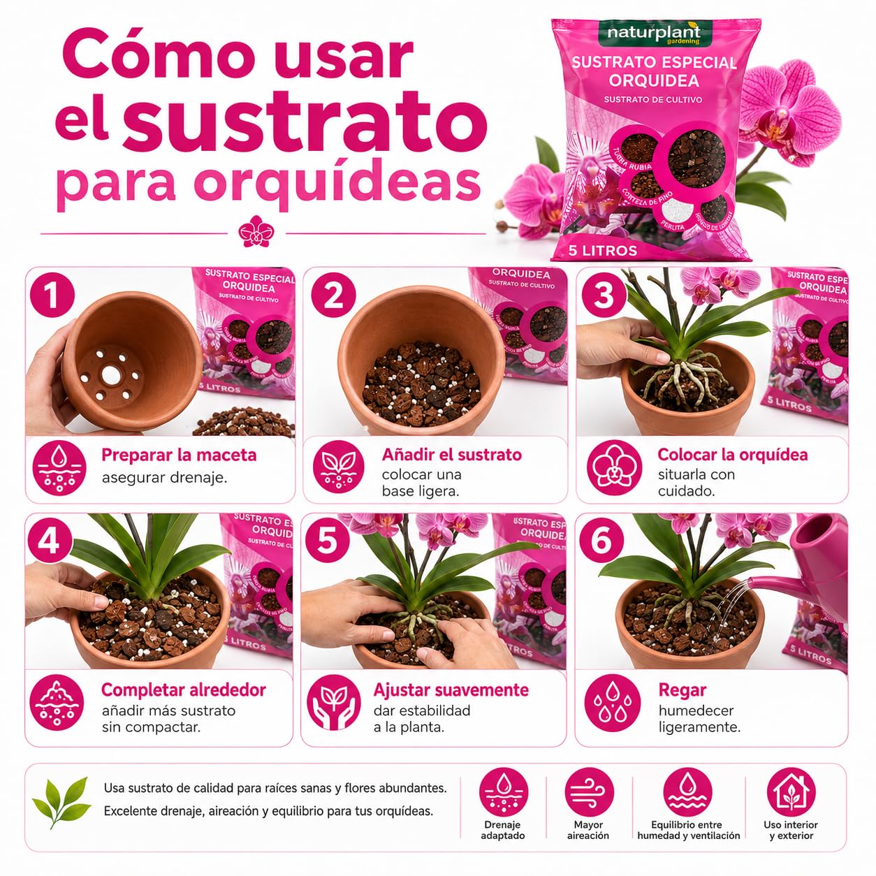Sustrato Orquídeas terrestres o epifitas | Tierra para Plantas| Mantiene una aireación, Drenaje y retención Ideales para un Crecimiento óptimo | Pack 5 litros