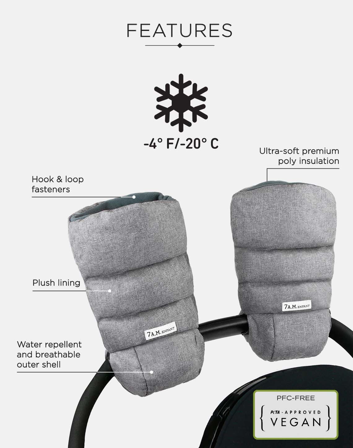 7AM Enfant Stroller Warmmuffs Gloves - Anti-Freeze Stroller Mittens for Handlebars, Water Repellent Hand Warmer Muff for Cold Weather, Plush Lined Stroller Warmmuffs | Winter Stroller Accessories