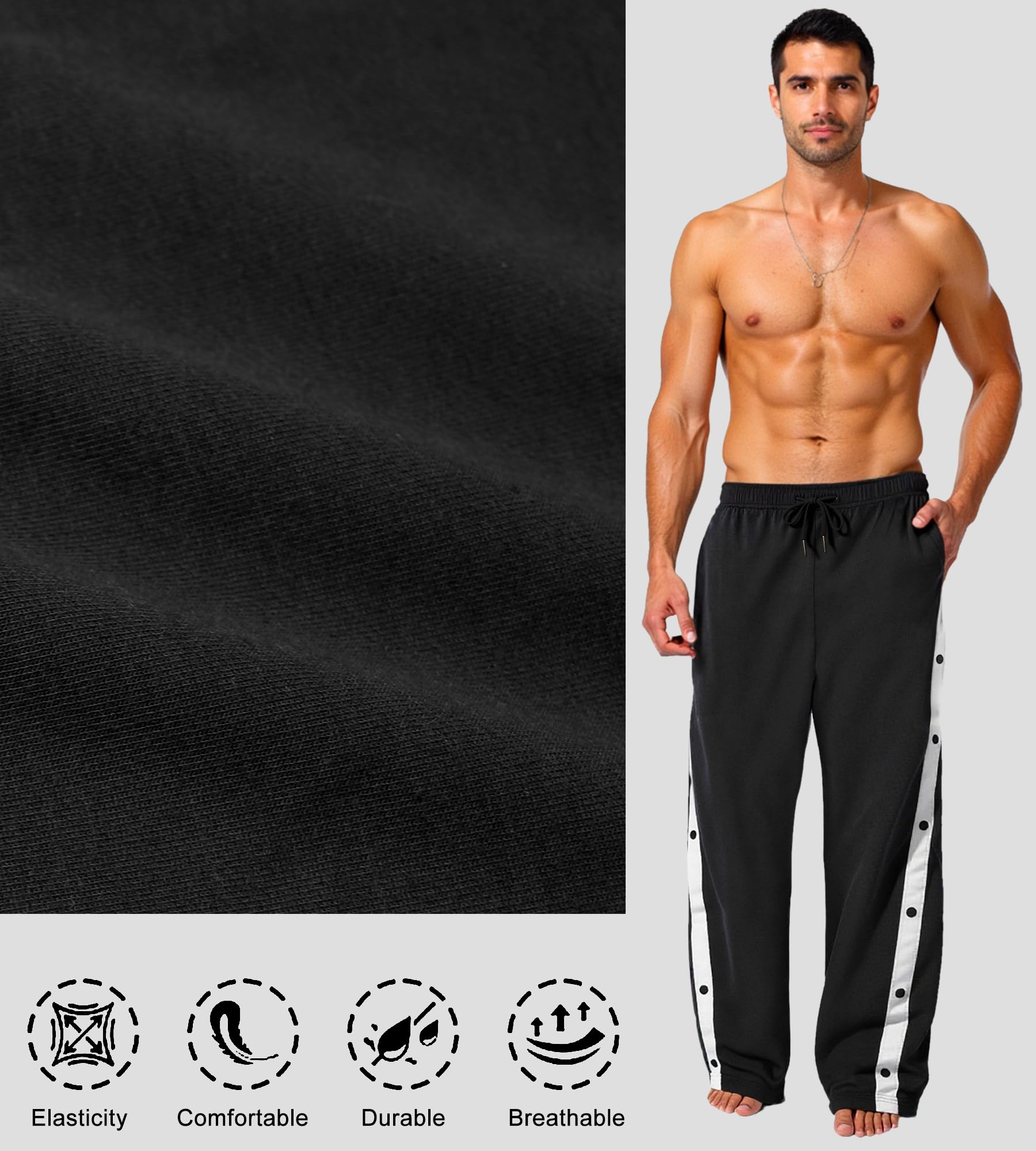 Pantalon de Jogging pour Homme Pantalon de rééducation Ouverture Latérale Pantalon de Survêtement avec Boutons Pression Baggy Pantalons de Sport Postopératoire Fitness Jogging