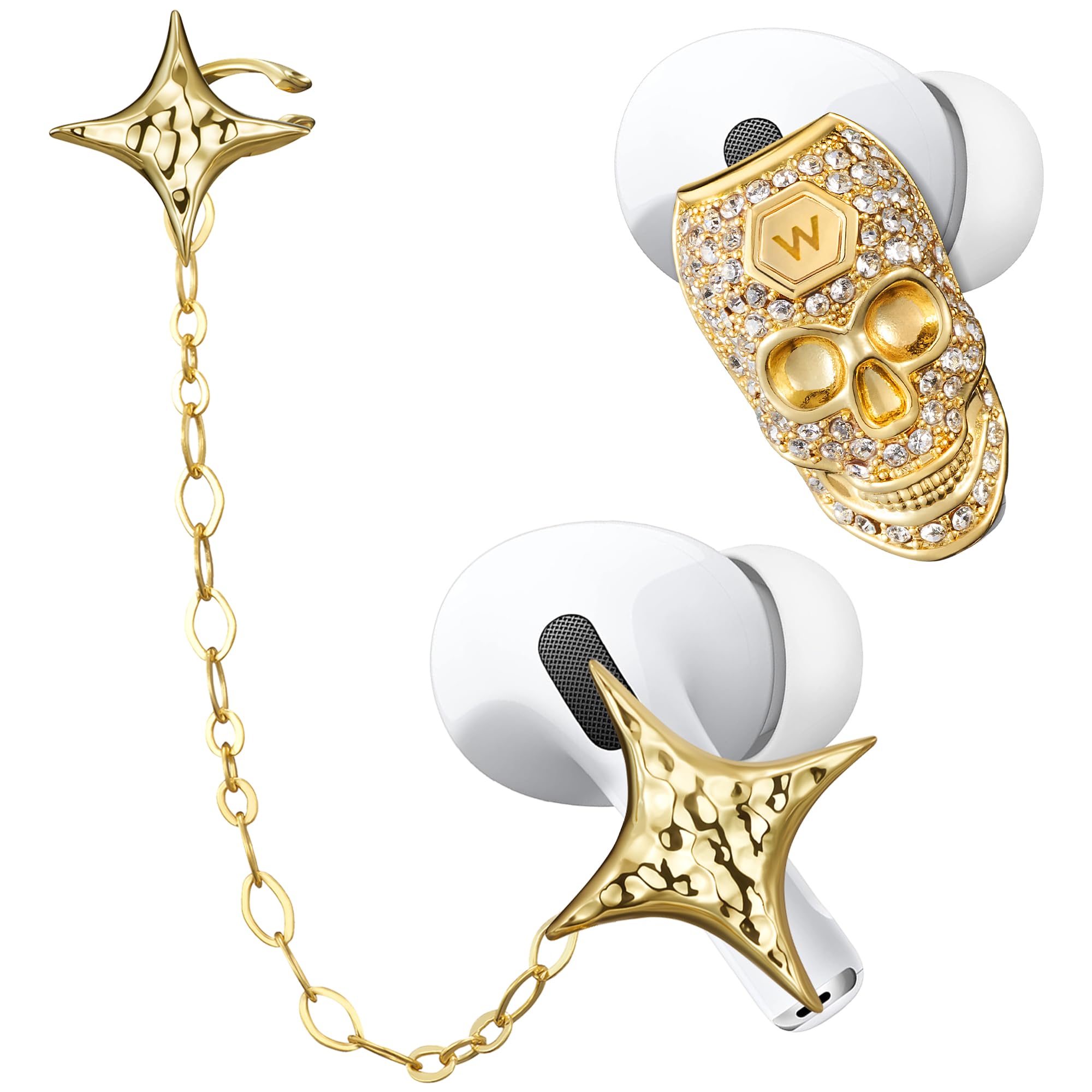 Nova Whispers Earpod Jewelry - Adjustable Star Cuff Non-Piercing Chain to Ear Plug Grips, Gothic Fashion Skull Sports Travel Earbud Accessory for Airpods 4/ Pro 3 / Pro 2 (2pcs Gold, Portable Box)