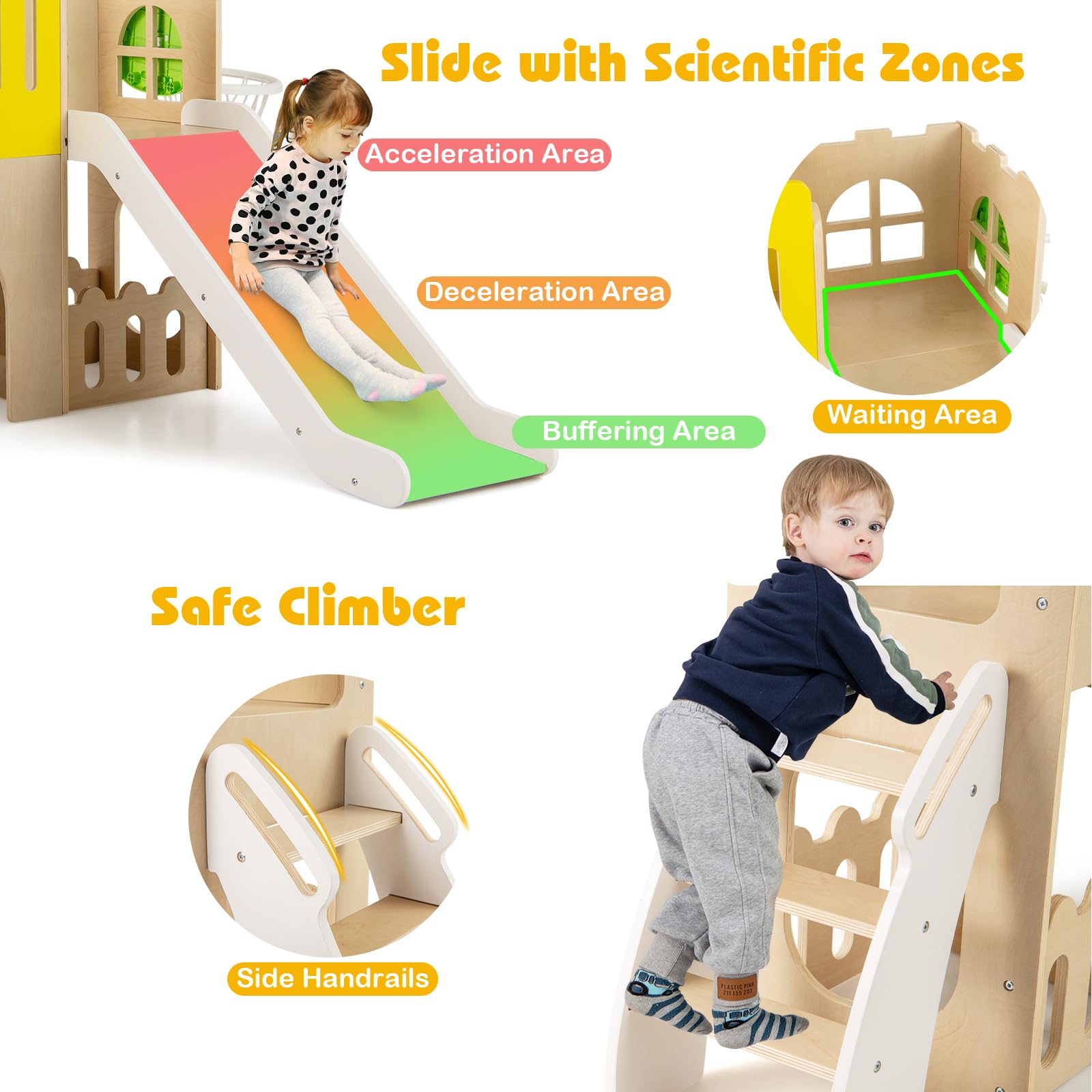 HOMASIS 7 in 1 Kinderrutsche Indoor, Kinder Rutsche mit Basketballkorb | Kletterleiter mit Tunnel Stauraum, Holz Spielplatz im Burgform, Outdoor Babyrutsche Rutschenset für Kinder, 169 x 125 x 98 cm