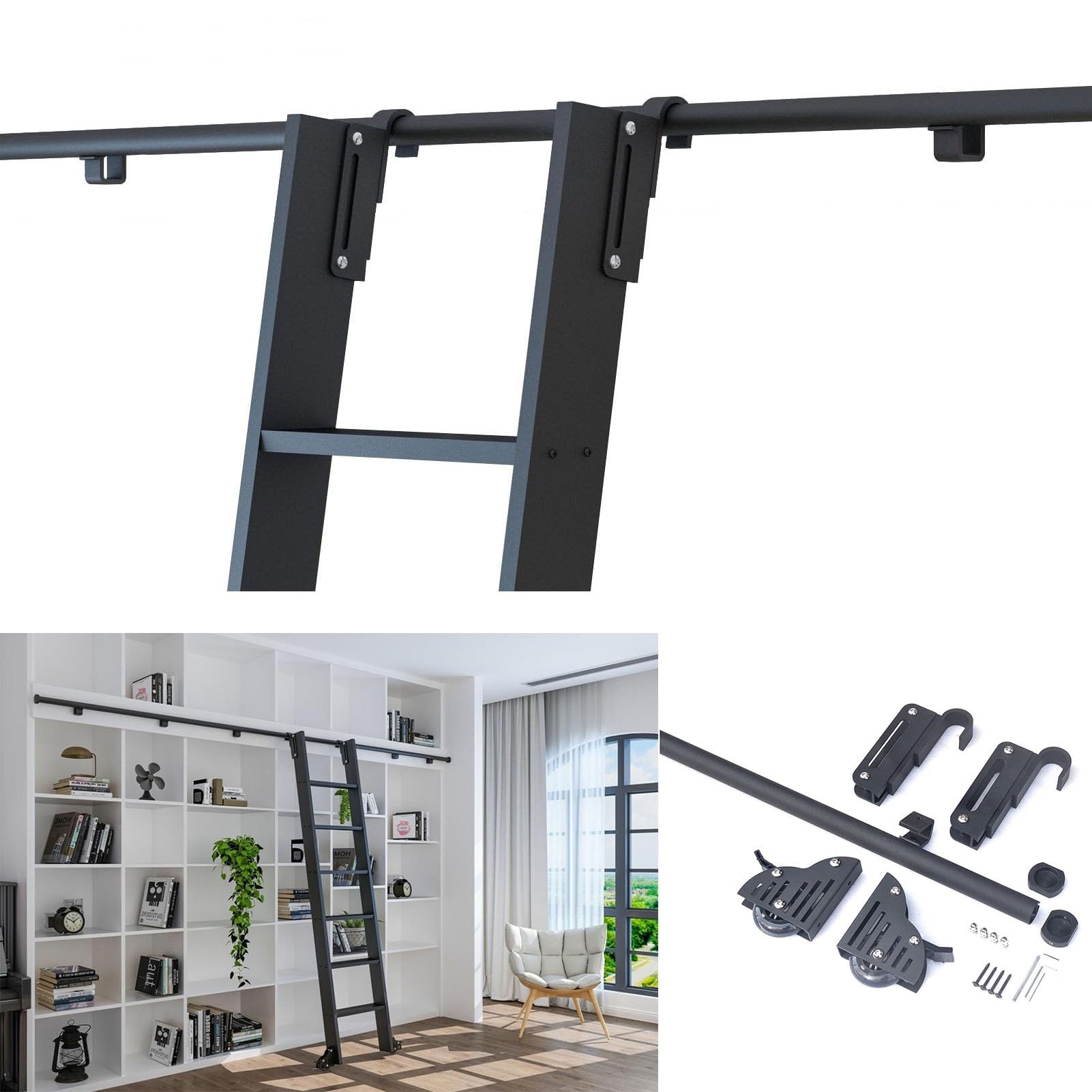 Rail roulant pour échelle coulissante tube rond noir kit rail mobile intérieur