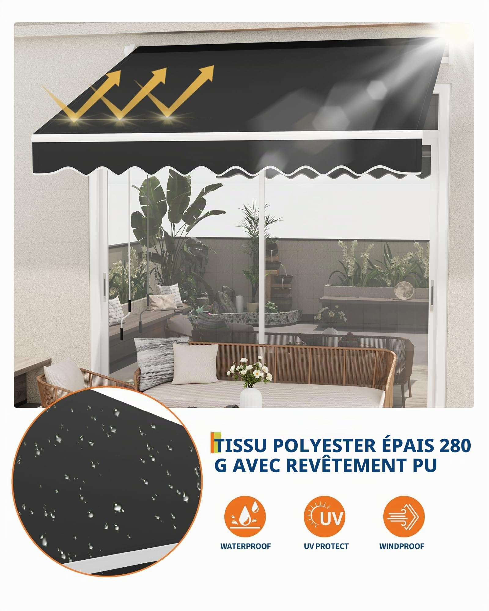 Toile Store Banne 4x2.5 m, Anti UV, Store Banne Manuel, Inclinaison, Nori