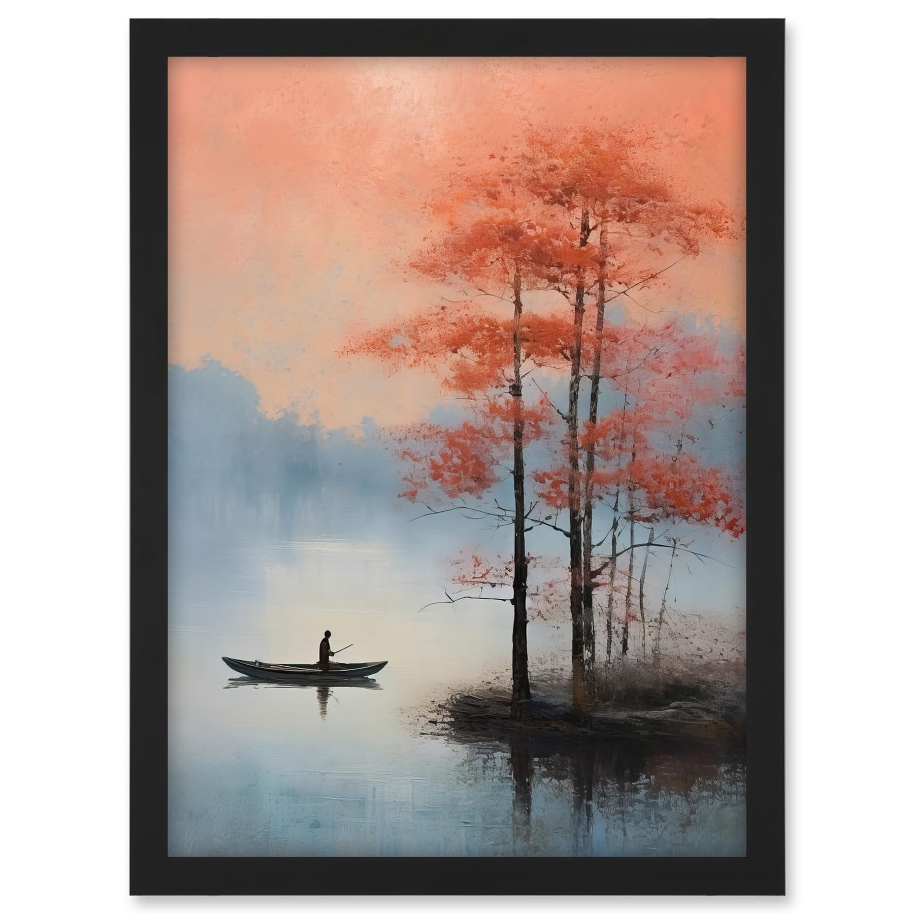 Artery8 Canoe Boat on Misty Lake Oil Painting Landscape Blue Pink Blossom Tree Early Morning Artwork Framed A3 Wall Art Print