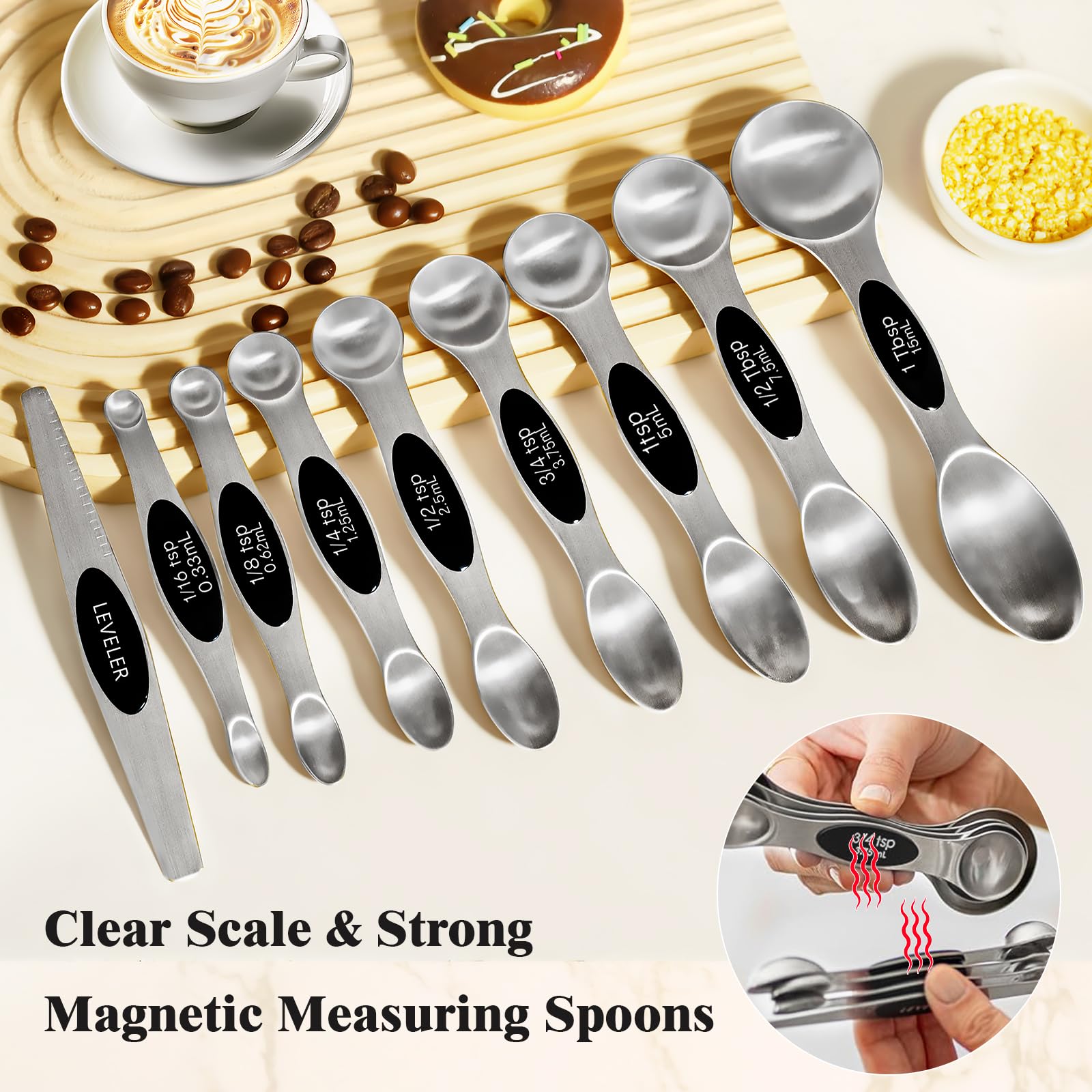 Juego de 13 tazas y cucharas medidoras de acero inoxidable, incluye 4 tazas medidoras de metal líquido, 8 cucharas medidoras magnéticas con 1 nivelador, accesorios de cocina para cocinar y