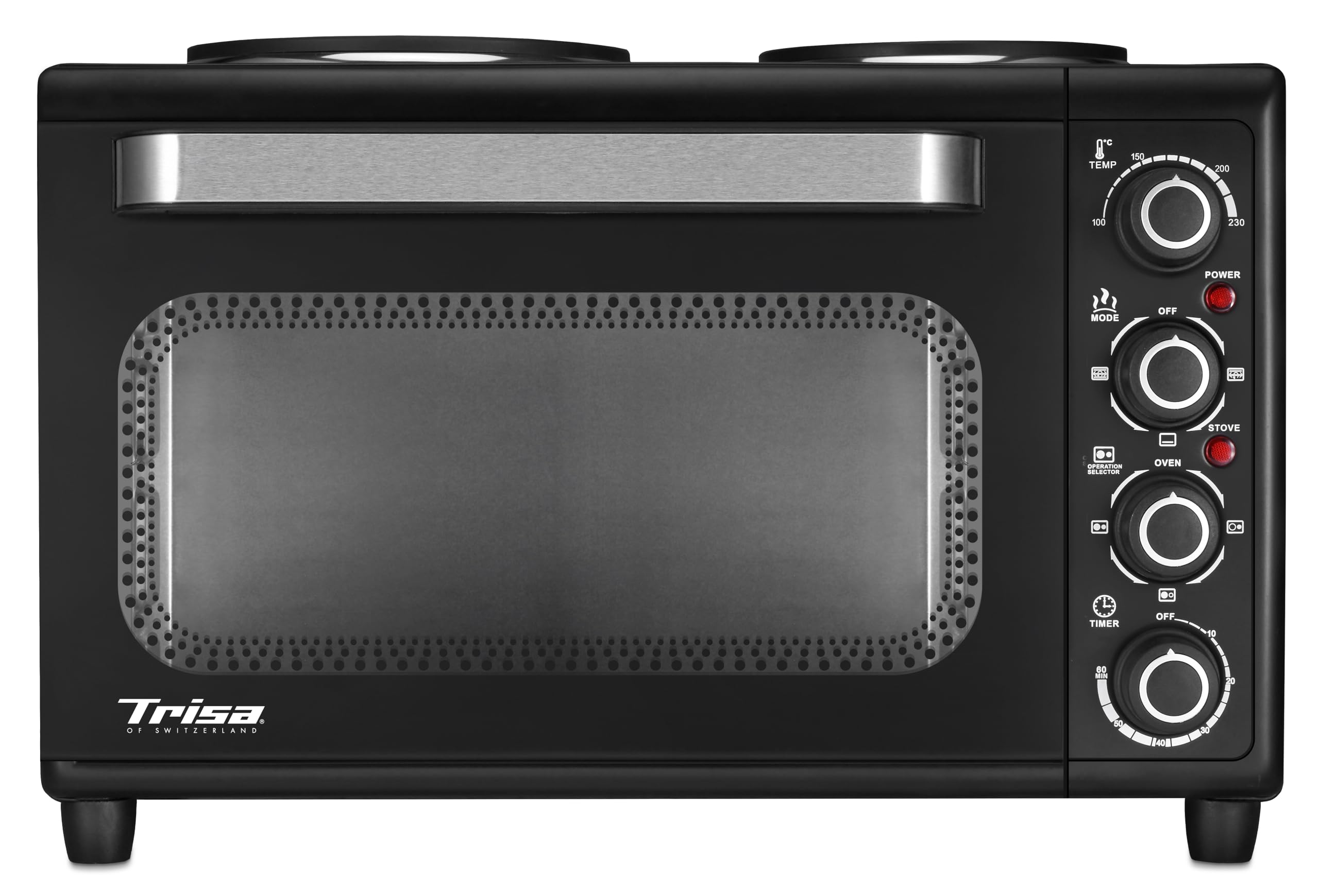 Trisa Mini Backofen 30L mit 2 Kochplatten & Drehspieß, Tischbackofen, 230°C | 30L Mini-Backofen, 2 integrierte Kochplatten, Inkl. Rotisserie-Drehspieß, 60-Min-Timer, Ober-/Unterhitze