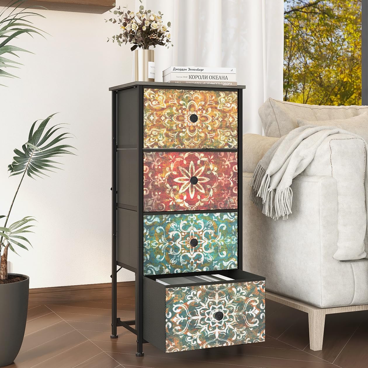 Cómoda con 4 cajones de tela estrecha Armario de tocador bohemio, armario de almacenamiento para dormitorio, armario industrial para salón, habitación infantil, pasillo