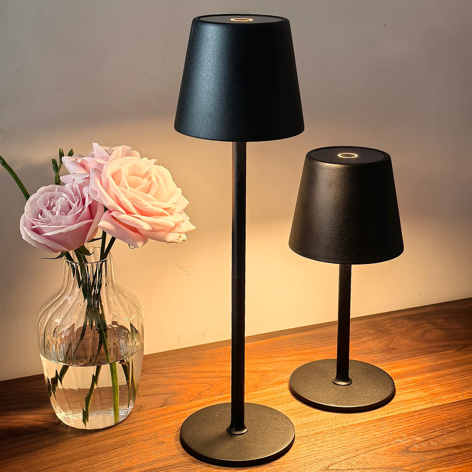 DEELUX LED Tischlampe Kabellos Dimmbar, Akku Nachttischlampe Metall Schwarz | Akku Tischlampe Kabellos,IP44 Wasserdicht USB-C Nachttischleuchte 2700K/3600/5000K,für Restaurant,Schlafzimmer,Büro, Garten