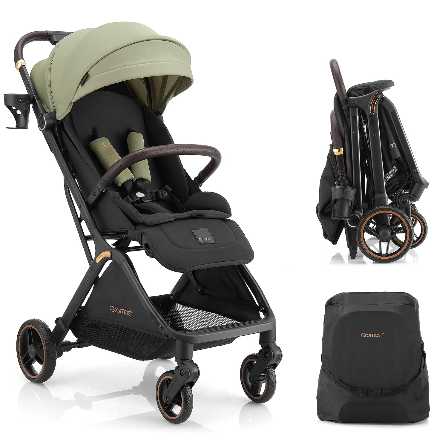 Gromast Gravity faltbarer Baby-Kinderwagen, Tragbarer Reise-Kleinkindbuggy Mit Verstellbarer Rückenlehne & Sonnendach, Leichtgewichtig Und Uv-Geschützt, Einhändig Automatisch Zusammenklappbar, Grün