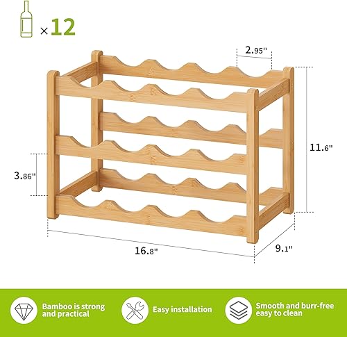 Miniatura 7 de BMOSU Estante de bambú para vino, estante de almacenamiento de vino, estante para 12 botellas, estantes de vino, encimera, resistente para cocina,
