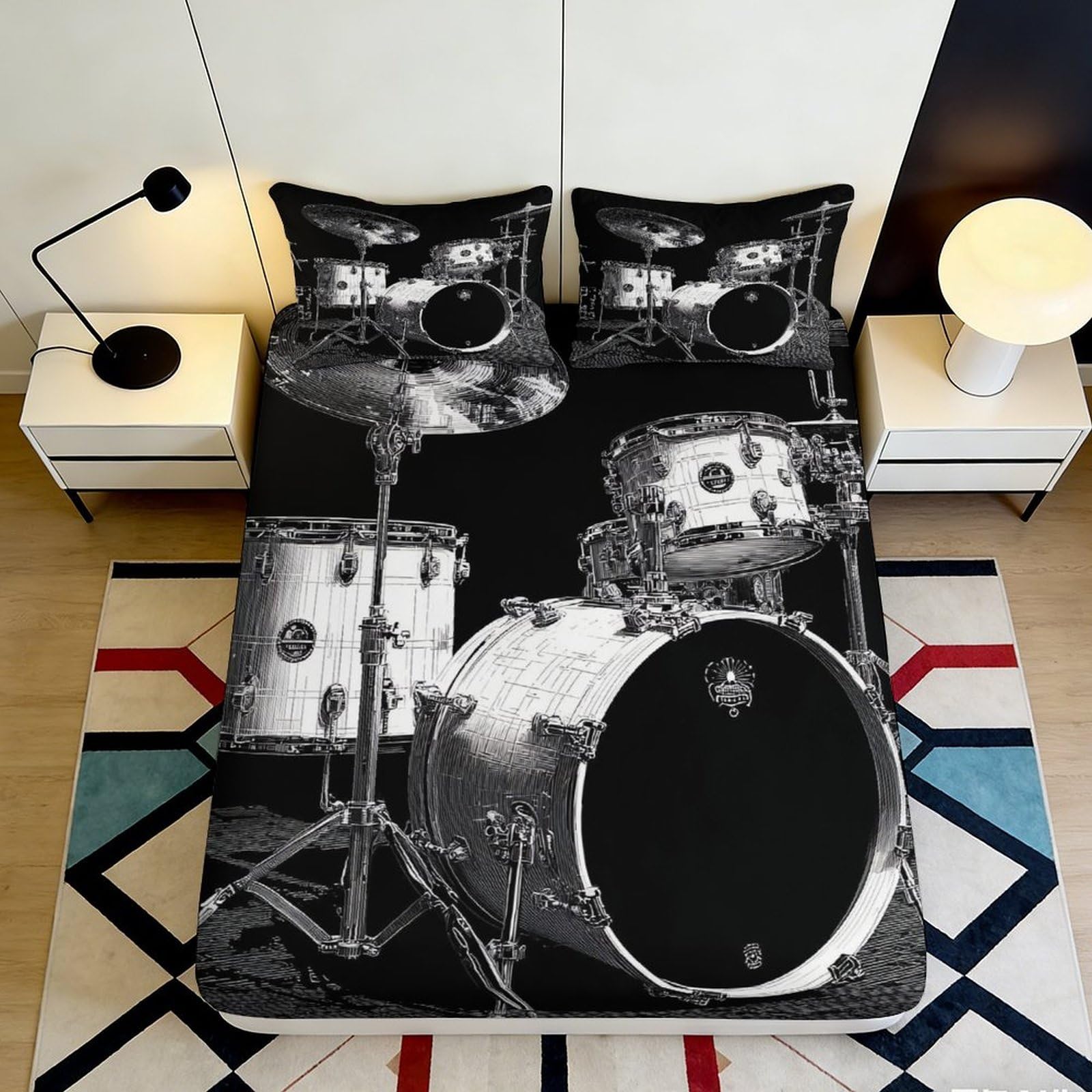 3D Printed Drum Kit Fitted Sheet Microfiber Black White Music Band Mattress Cover for Bedroom Dorm Room Decor 90x200x25cm