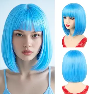 NOTICEME ベビーブルー ボブウィッグ 女性用 14インチ ショート ストレート ウィッグ フラットバング 合成 ハロウィン コスチューム コスプレ デイリー パーティー ネオンウィッグ
