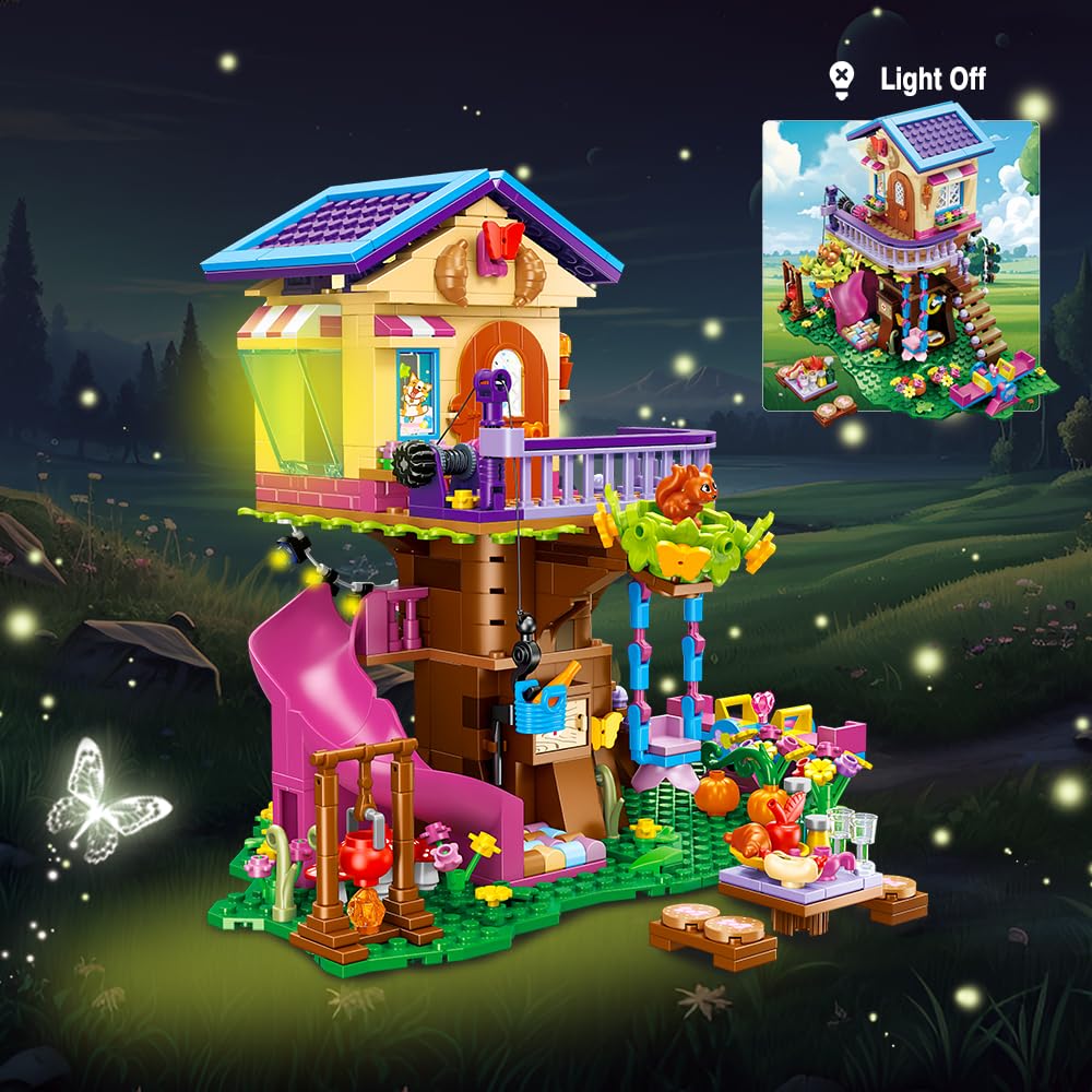 CUBIMANA Set di costruzione della casa sull'albero con luce LED - Giocattolo da costruzione Casa sull'albero, Set di costruzione della casa in alto, regalo di Natale per bambini, bambine e ragazzi