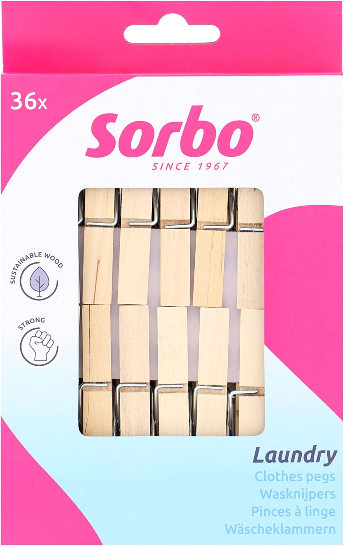 Sorbo Birchwood Wooden Pegs, 36 Pack, Non-Splinter, Suitable for Indoor and Outdoor Use, 7 Coil Spring, Extra Strong and Durable, Brown