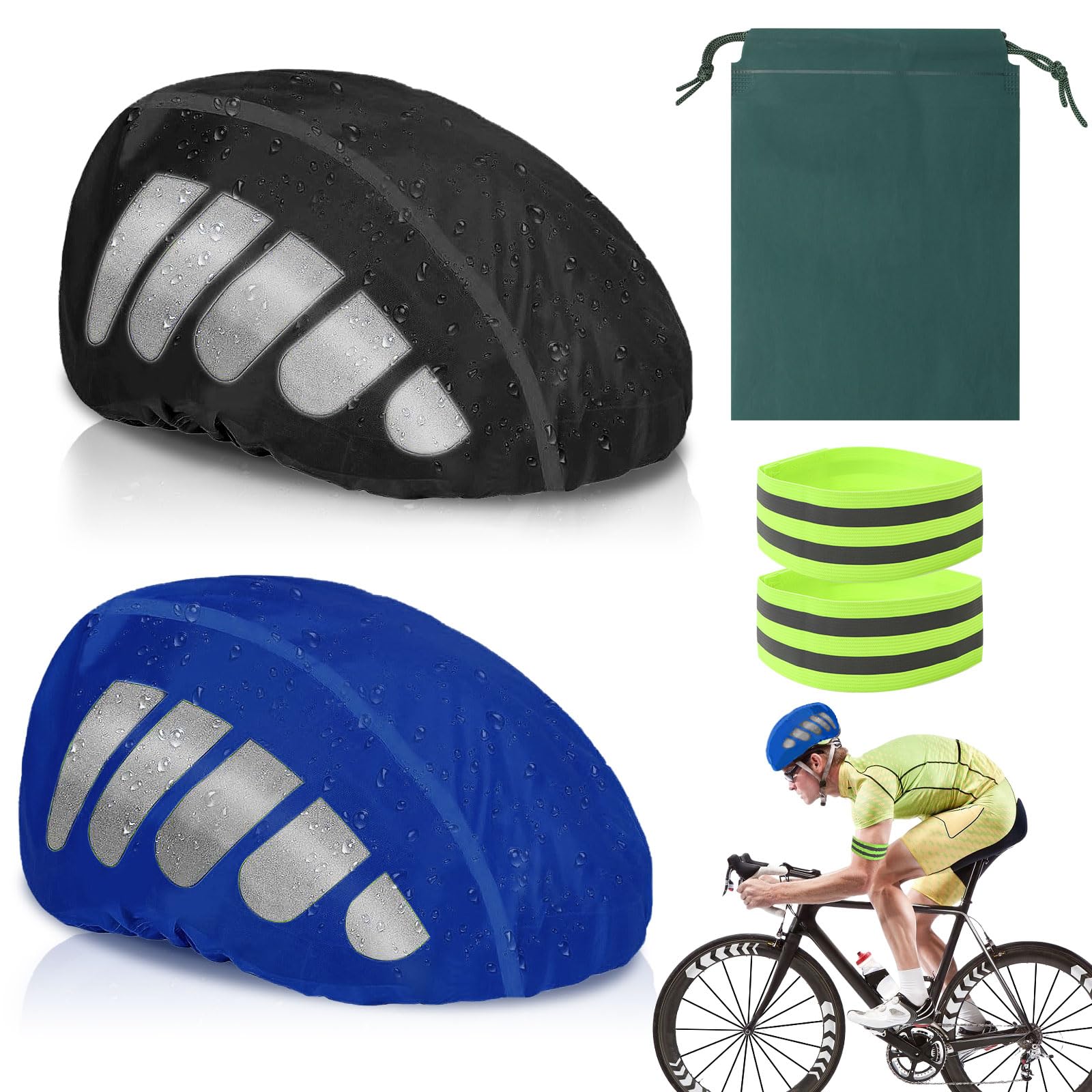 CYZBL 2Pcs Reflective Bike Helmet Rain Cover, High Visibility Waterproof Cycling Helmet Protector, Helmet Rain Cap With Reflective Strip, 2 Elastic Cycling Strap Wristbands for Night (Blue Black)