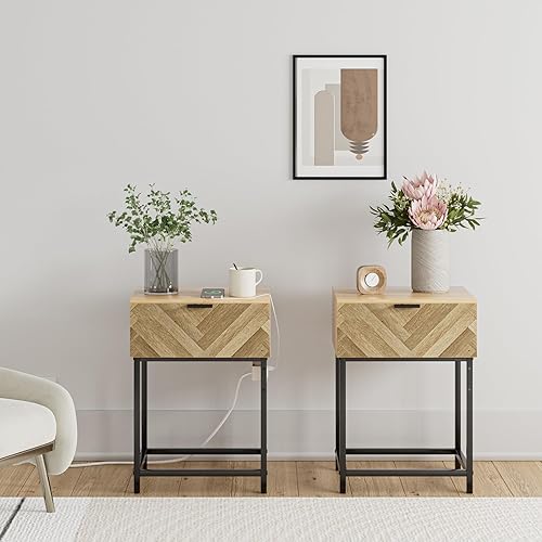 Masupu Mesita de noche, mesita de noche de madera de espiga, juego de 2 mesitas de noche altas