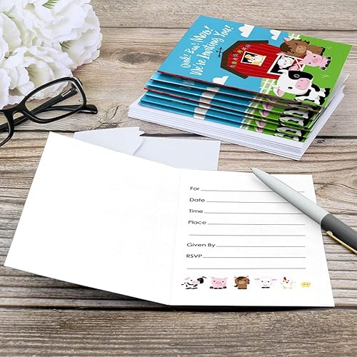 Miniatura 4 de Big Dot of Happiness Animales de granja - Rellena invitaciones para baby shower o fiesta de cumpleaños (8 unidades)