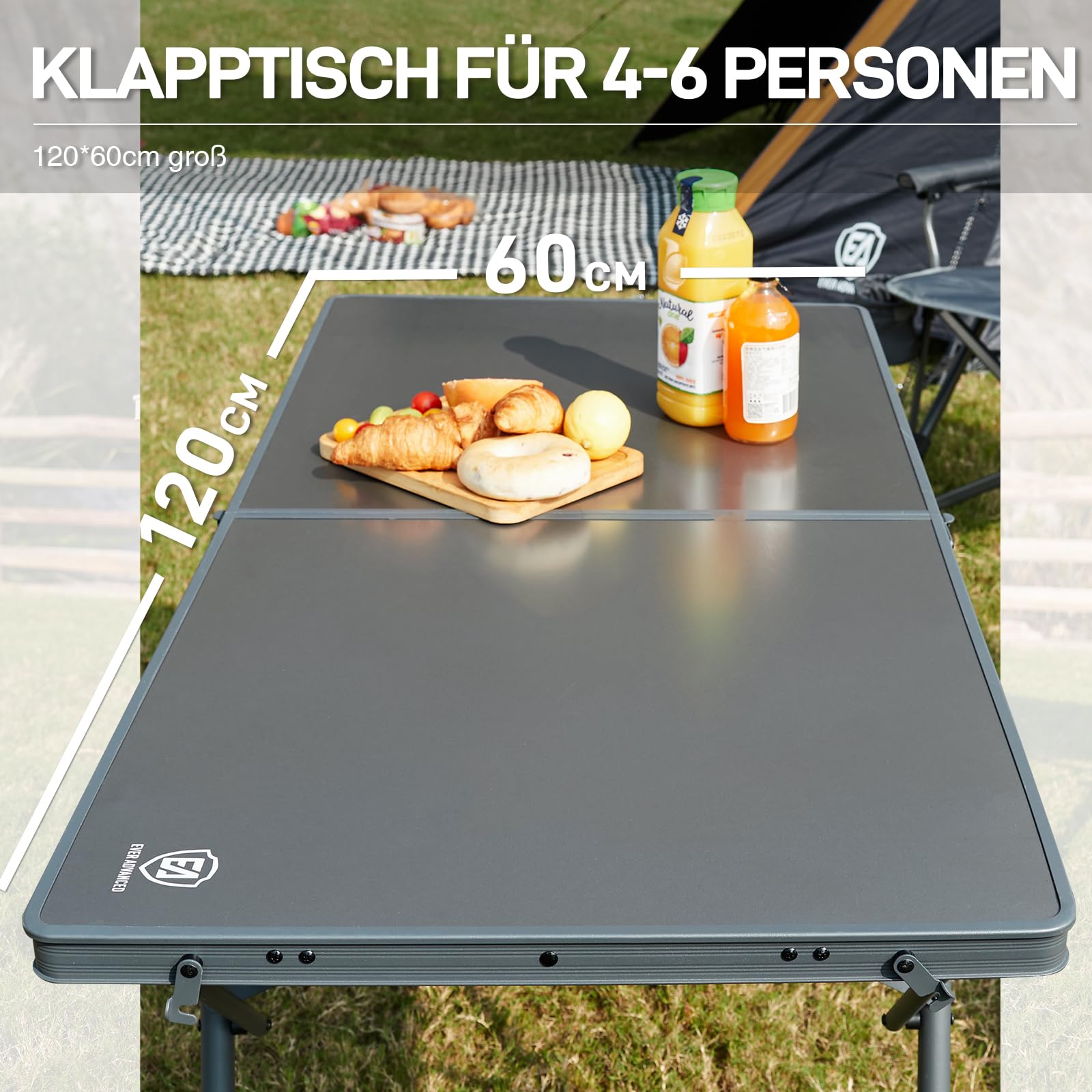 EVER ADVANCED Campingtisch faltbar 120x60cm Klapptisch XL für 4-6 Personen Falttisch bis 60kg Stabiler Struktur für Camping Picknick Garten Balkon