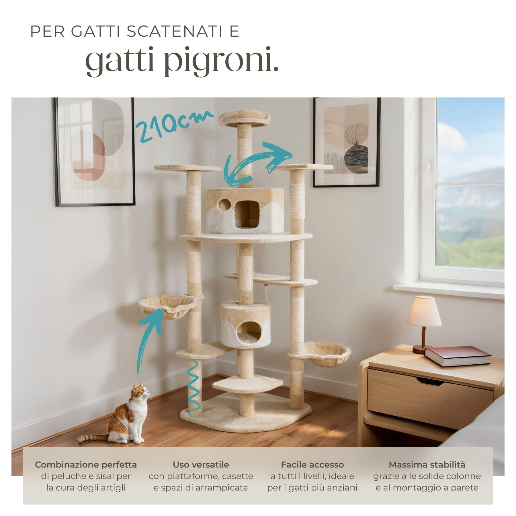 tectake® Tiragraffi per Gatti, Albero con 2 Casette, 4 Piattaforme, Tiragraffi con Amaca per Gatti, Albero con Conche Orientabili e Cordicella per Gioco - 201 cm - Beige/Bianco
