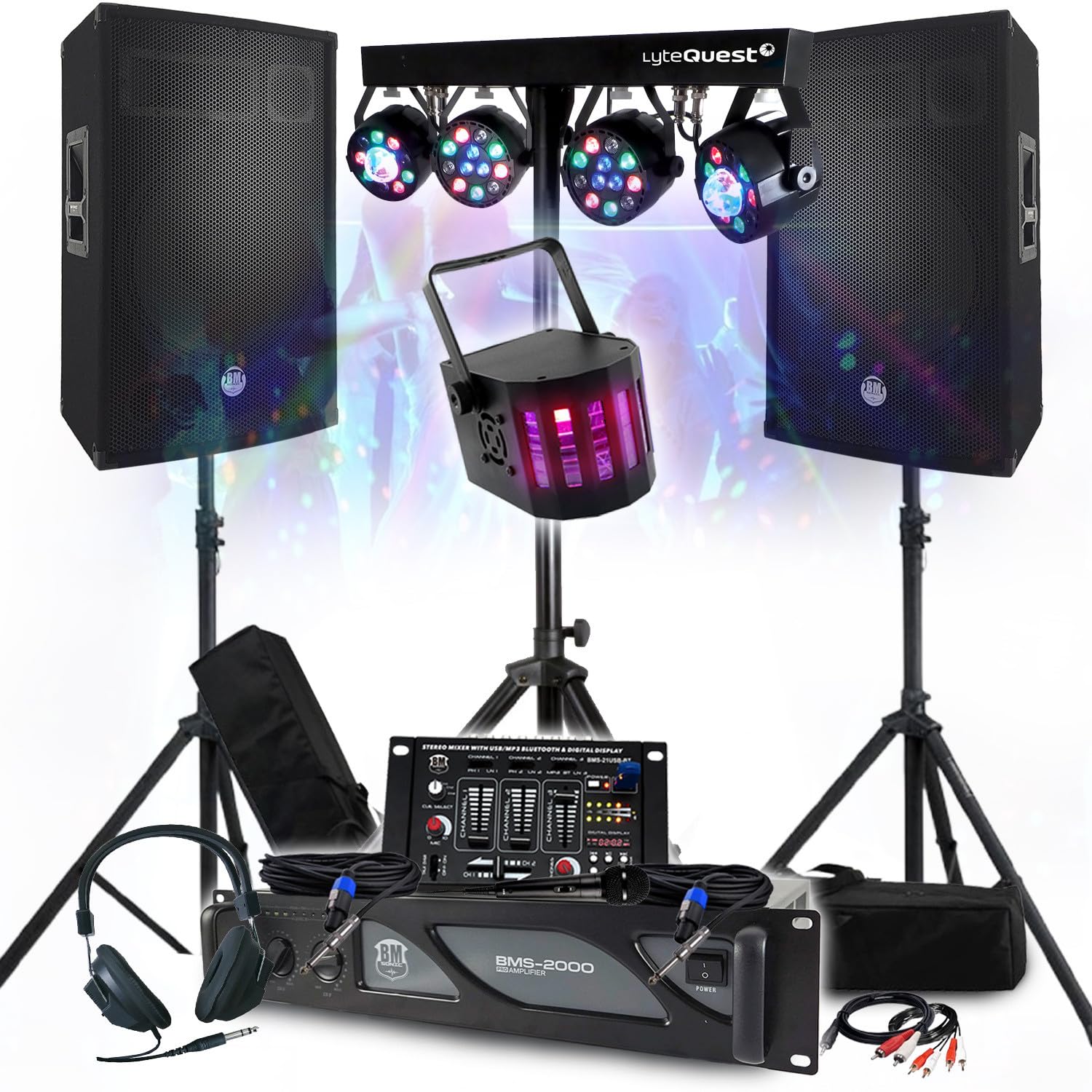 Sound-Set DJ 3400 W Verstärker 2000 W, Lautsprecher 2 x 700 W, Füße, Mischpult, 8 Lichter, Xperformer LED, Kopfhörer Mikrofon