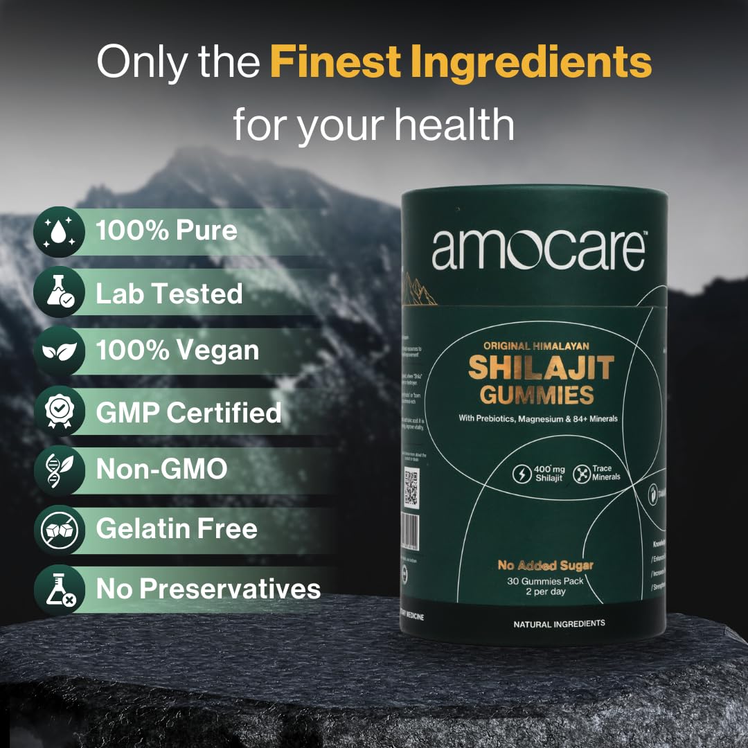 Amocare Pure Himalayan Shilajit Gummies 400mg | 75%+ Fulvic Acid & Trace Minerals | Natural Energy, Stamina & Immunity Support | No Added Sugar | Tamarind Flavor | 30 Gummies 4