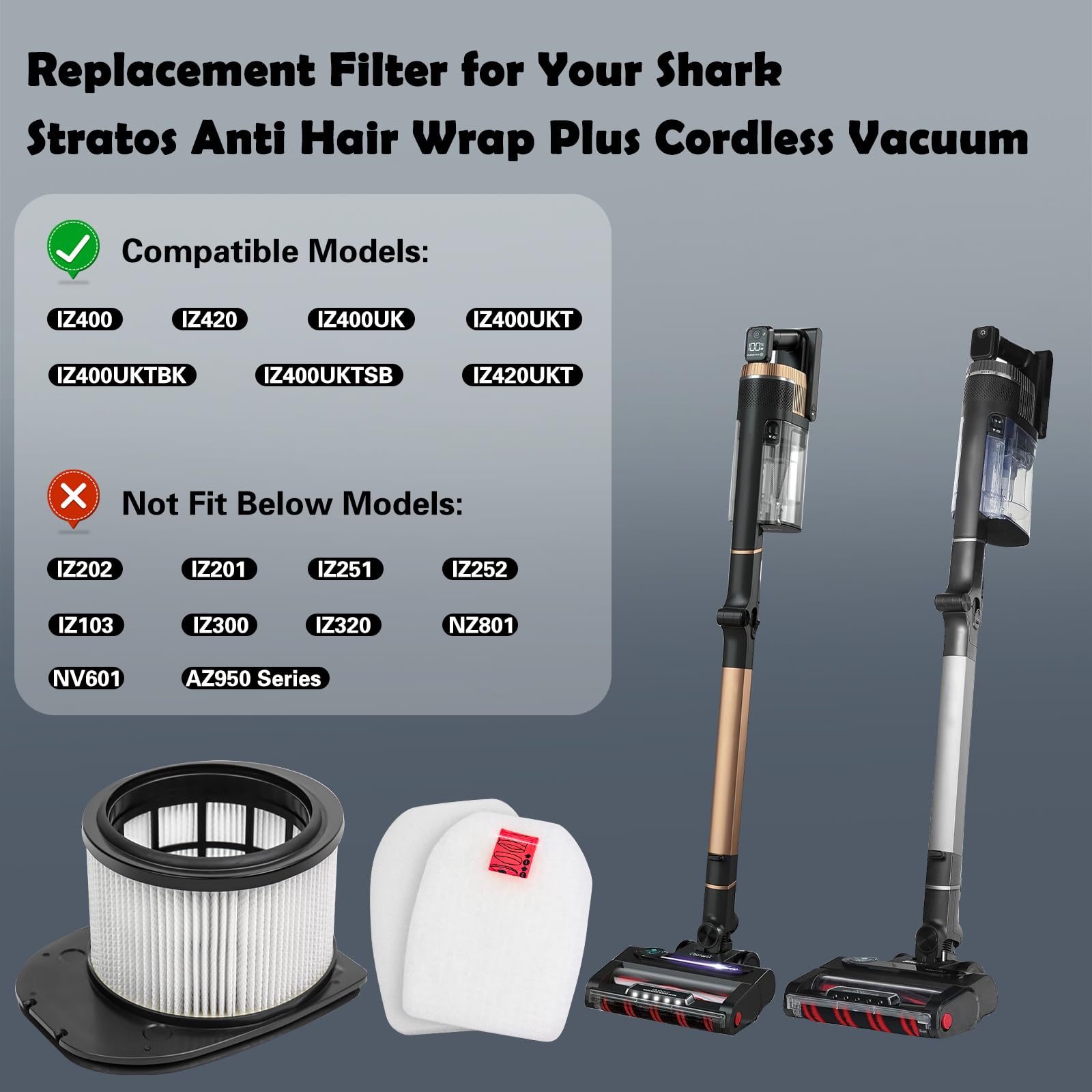 Filtro de repuesto para Shark IZ400 IZ400UK IZ400UKT IZ400UKTSB IZ400UKTBK IZ402UKTSB IZ420 IZ420UKT Stratos Anti Hair Wrap Plus Aspiradora inalámbrica 2 HEPA, 4 espumas + kit de repuesto de