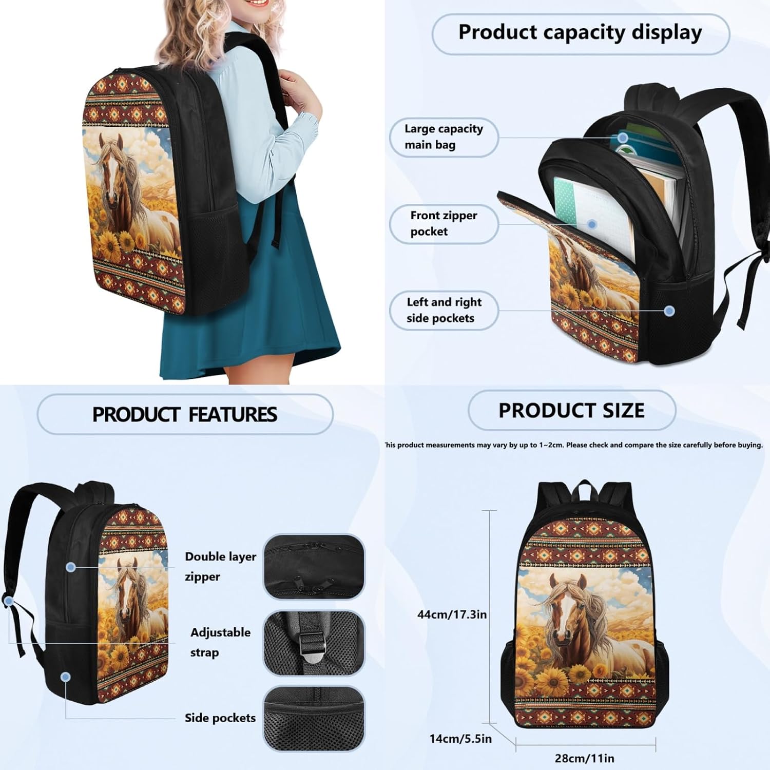 Coloranimal Aztec Western Horse 3Pcs Backpack Set Sunflower School Bag Lightweight Book Bag Mini Lunch Bag Pencil Case for Teen Boys Girls Rucksack