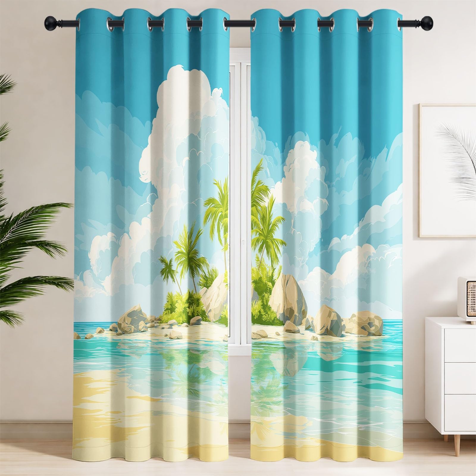 Generisch Tende oscuranti a forma di isola del mare tropicale, con motivo botanico di cocco botanico, protezione dal calore, 140 x 250 cm (larghezza x altezza), con occhielli, per soggiorno