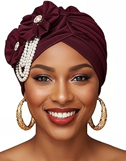 Woeoe Pearl Flower African Hats Pre-Tied Turbans Stretchy Twisted Church Wedding Head Wraps for