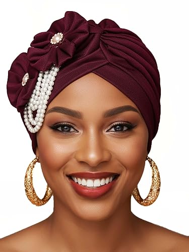 Woeoe Pearl Flower African Hats Pre-Tied Turbans Stretchy Twisted Church