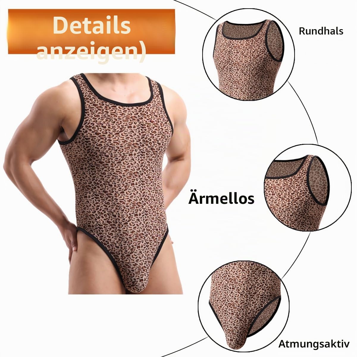Herren-Body mit Leopardenmuster, weich, ärmellos, schmale Passform, einteiliger Overall für Herren, atmungsaktiv, enge Unterhemden für Workout, Laufen, Sport, Stretch-Leopardenmuster