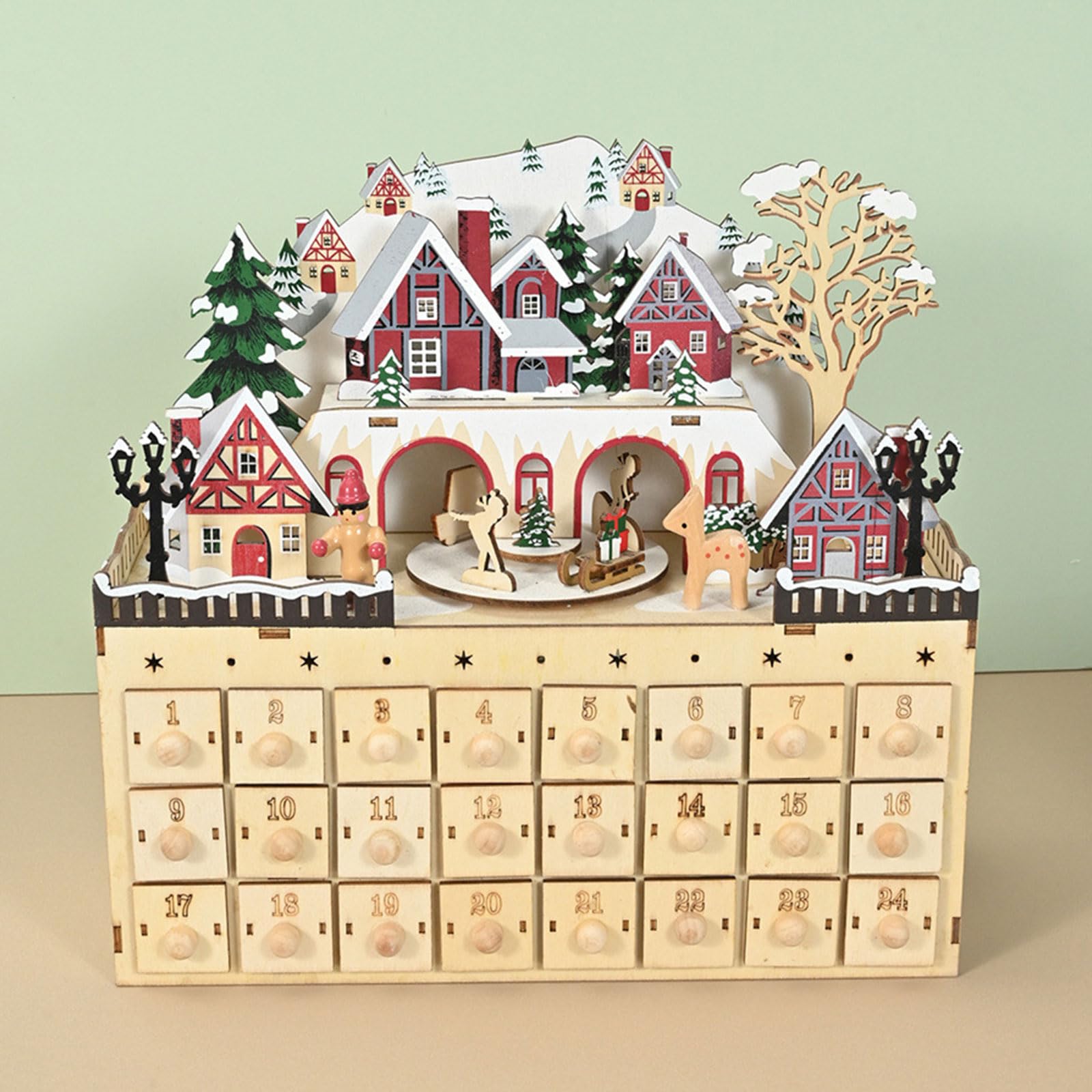 Gabinete de madera natural con calendario de Adviento de Navidad con 24 compartimentos de regalo, decoración de casa de pueblo, adorno de cuenta regresiva con compartimento