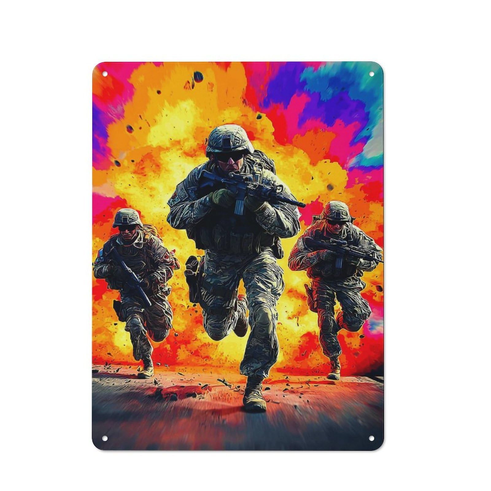 Junmoney Troops In Action Amidst Explosive Background 40X30cm Vintage Tin Sign With For Hobby Room Or Studio, For Winter Interiors And Metal Sign Collectors