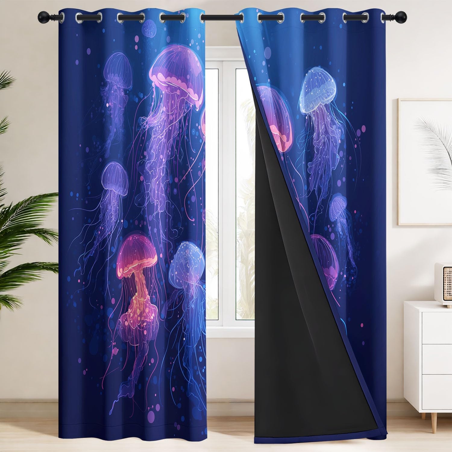 Générique Rideaux Occultants Isolants 117L X 137H cm, Méduse bioluminescente, poussière étoile Bleue Rideaux Thermiques pour Chambre et Salon, Nautique Mystique Phoniques, Rideaux à Œillets
