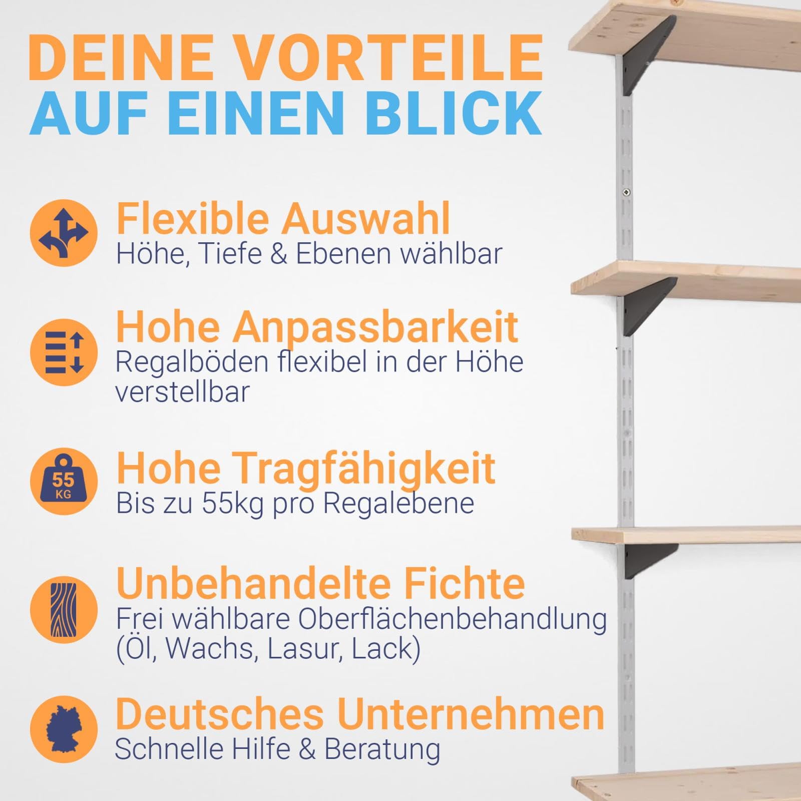 Wandregal Metall mit Boden · Regal in 50 Varianten · Höhe: 100 cm · 4 Ebenen in 80 x 25 cm (B x T) · Farbe: weiß/schwarz · Wandschienen Regalsystem · Regalträger Schienensystem