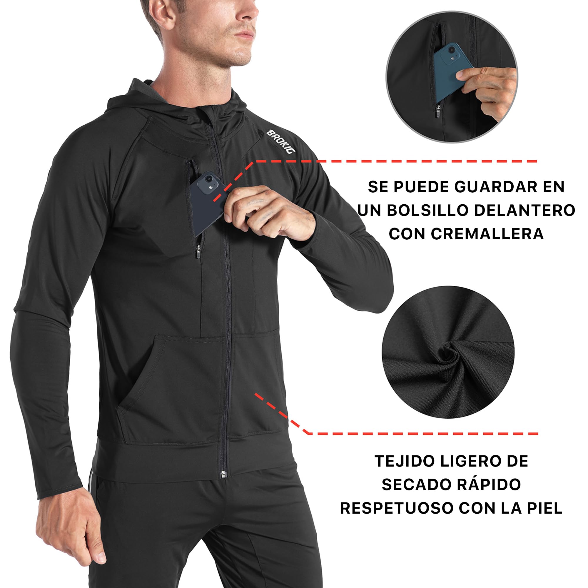 BROKIG Dualzip Sweat à Capuche Sport Homme,Léger Zippé Hoodie Running Survetement Veste Sweatshirt pour Homme