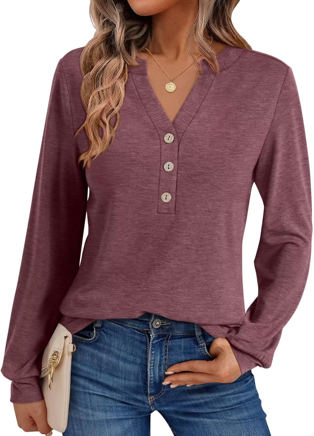 EasyGala Womens V Neck Long Sleeve Shirts Henley Dressy Casual Tops Loose Fit Trendy Tees Fall T Shirts Outfits 2025