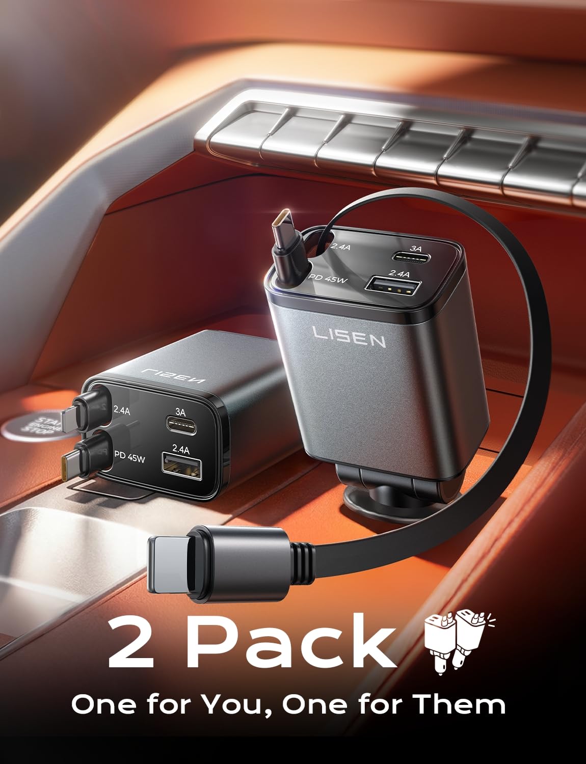 LISEN Retractable Car Charger, 84W Car Adapter USB C Fast Charger, 2 Pack view 4