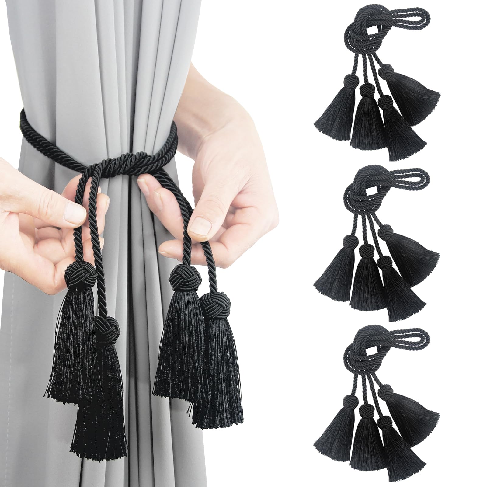 Elegantes alzapaños de cortina decorativos de cuerda para cortinas tejidas a mano con borlas, color negro, paquete de 6
