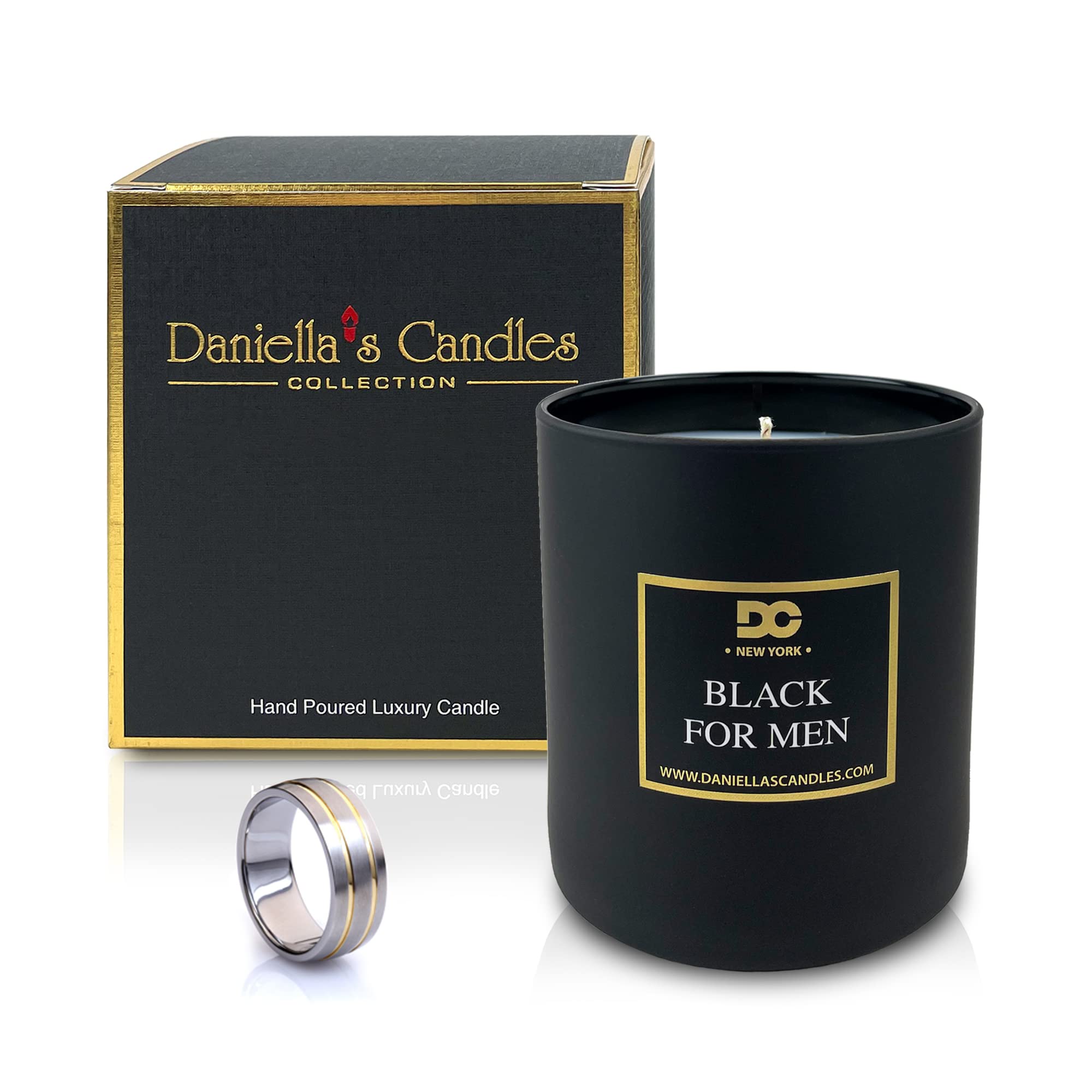DANIELLA'S CANDLES Black for Men Jewelry Scented Candle, Men's Collection, 11 oz Candle, with Men's Ring Size 11 Inside